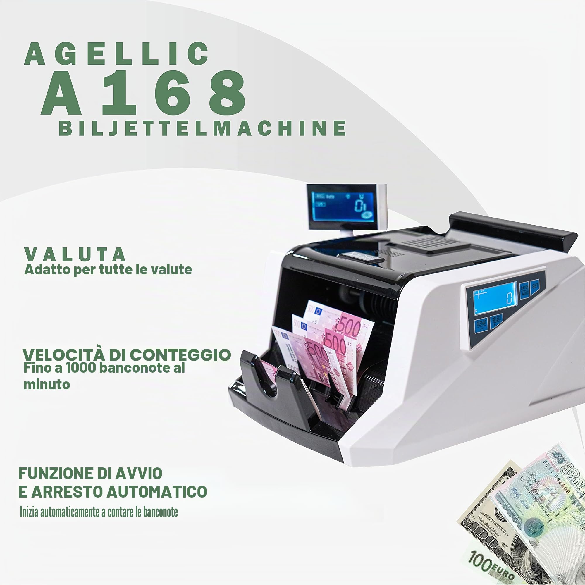 Conta Banconote | Macchina Conta Soldi Professionale | Rilevatore Banconote False 4-Fold | 1000 Banconote/min | Verifica Banconote e Controllo Soldi Falsi | Incl. Pennarello Banconote