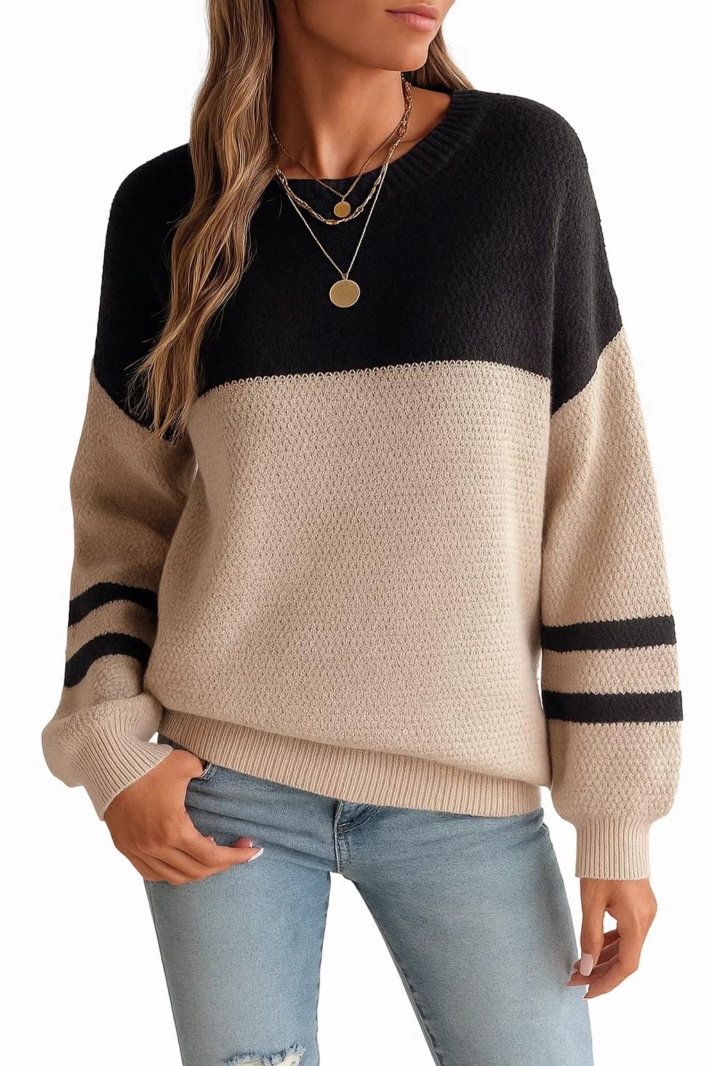 Womens Striped Sleeve Crewneck Pullover Sweater Long Sleeve Knit Cozy Sweaters for Women