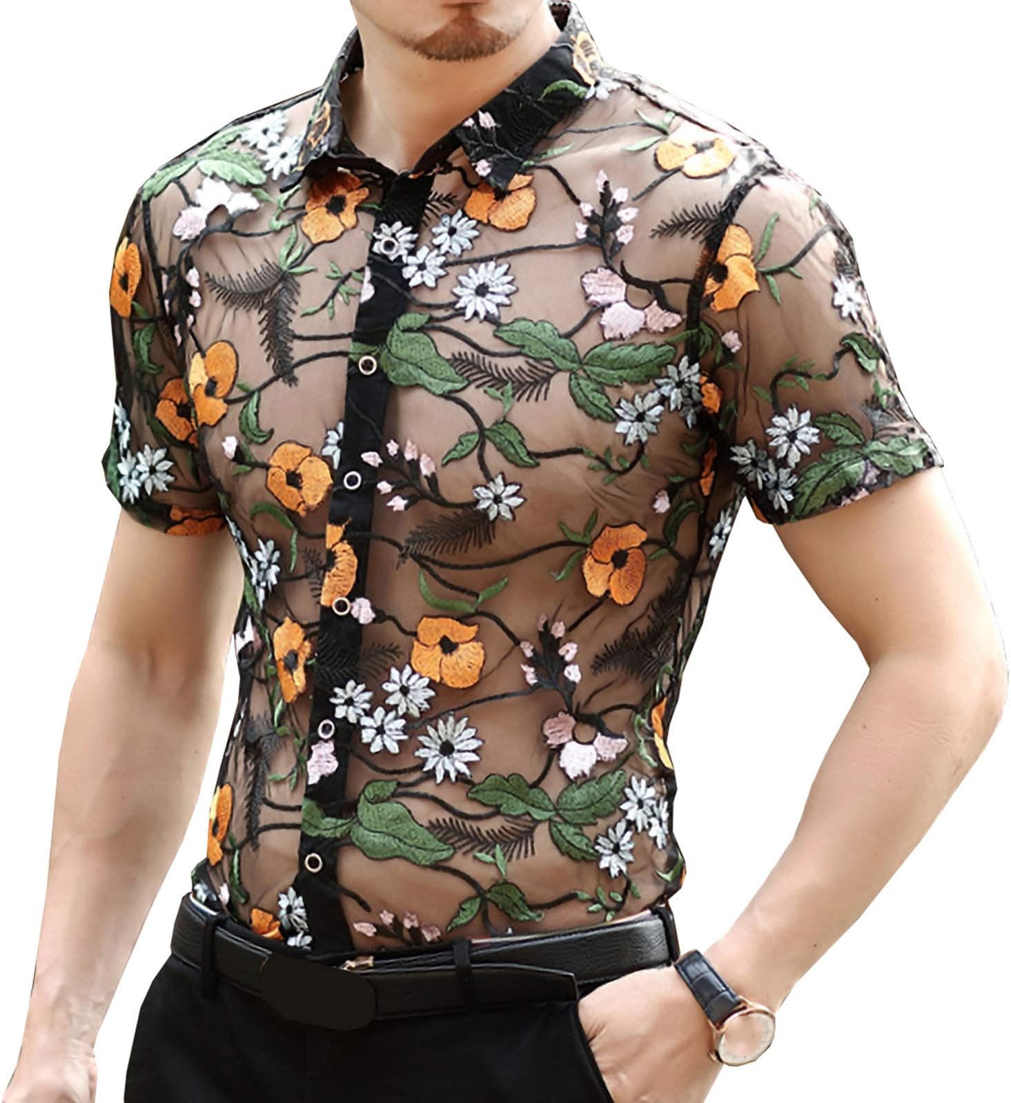 Mens Pattern Short Sleeve Shirts Button Down Slim Fit