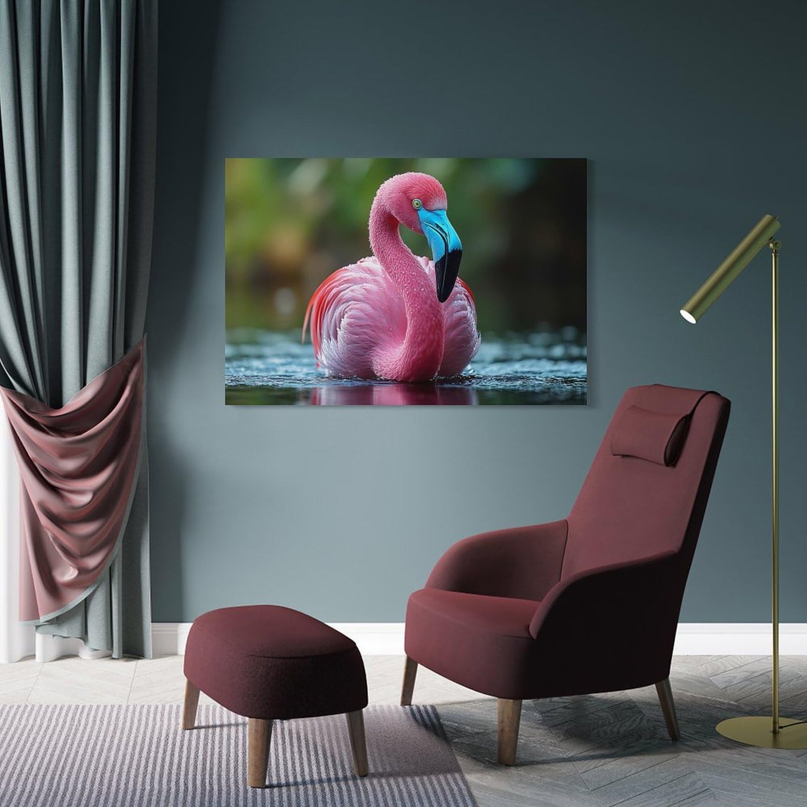 Junmoney Wall Decor Canvas Print Pink Flamingo in Water, 20x30inch(50x75cm), for Front Hall, Corridor Or Welcome Spaces, A Neat Decor Update for Hallways