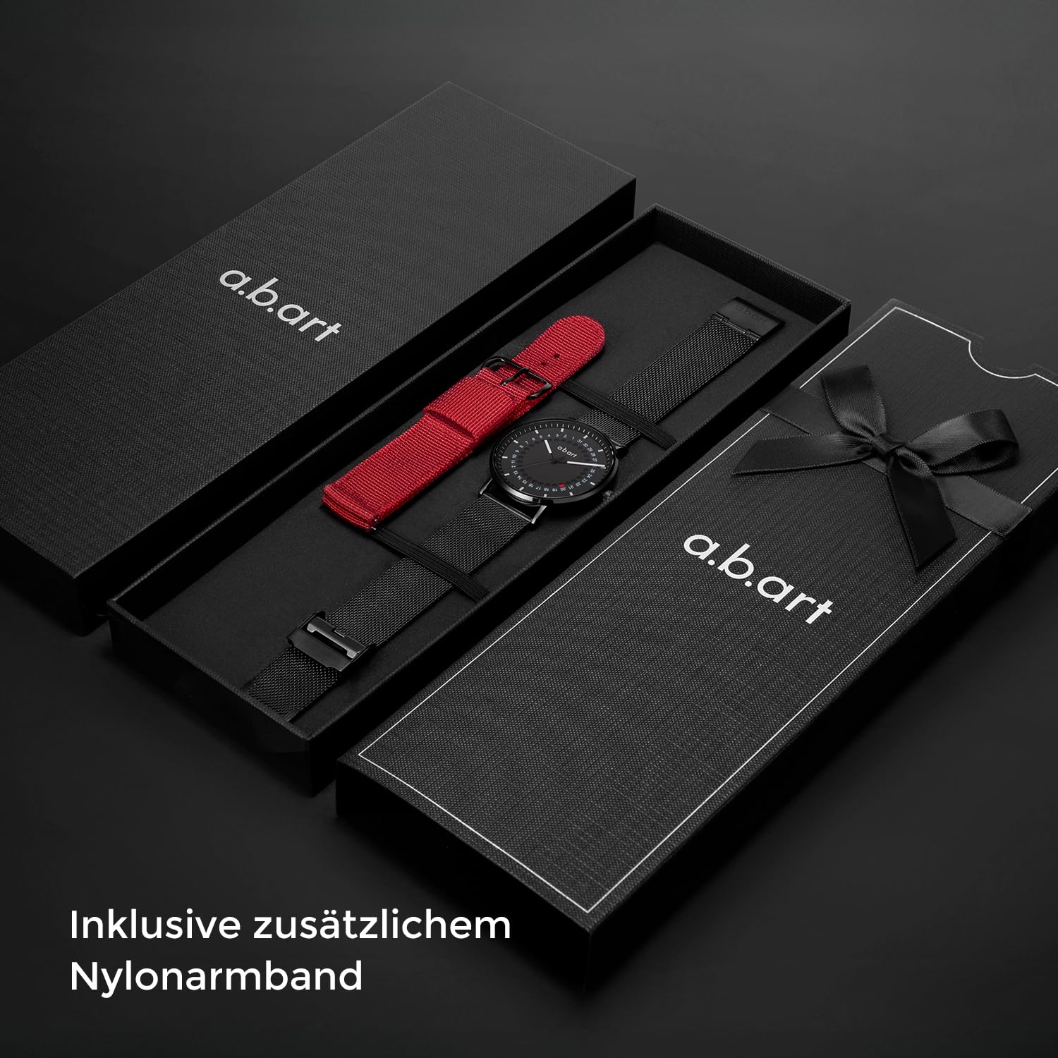 a.b.art Herren Uhr mit Punkt-Sprungdatumsanzeige – Schweizer Ronda-Quarzwerk, minimalistisches Bauhaus-Stil, Saphirglas, schwarzes Milanaise-Armband, 41 mm