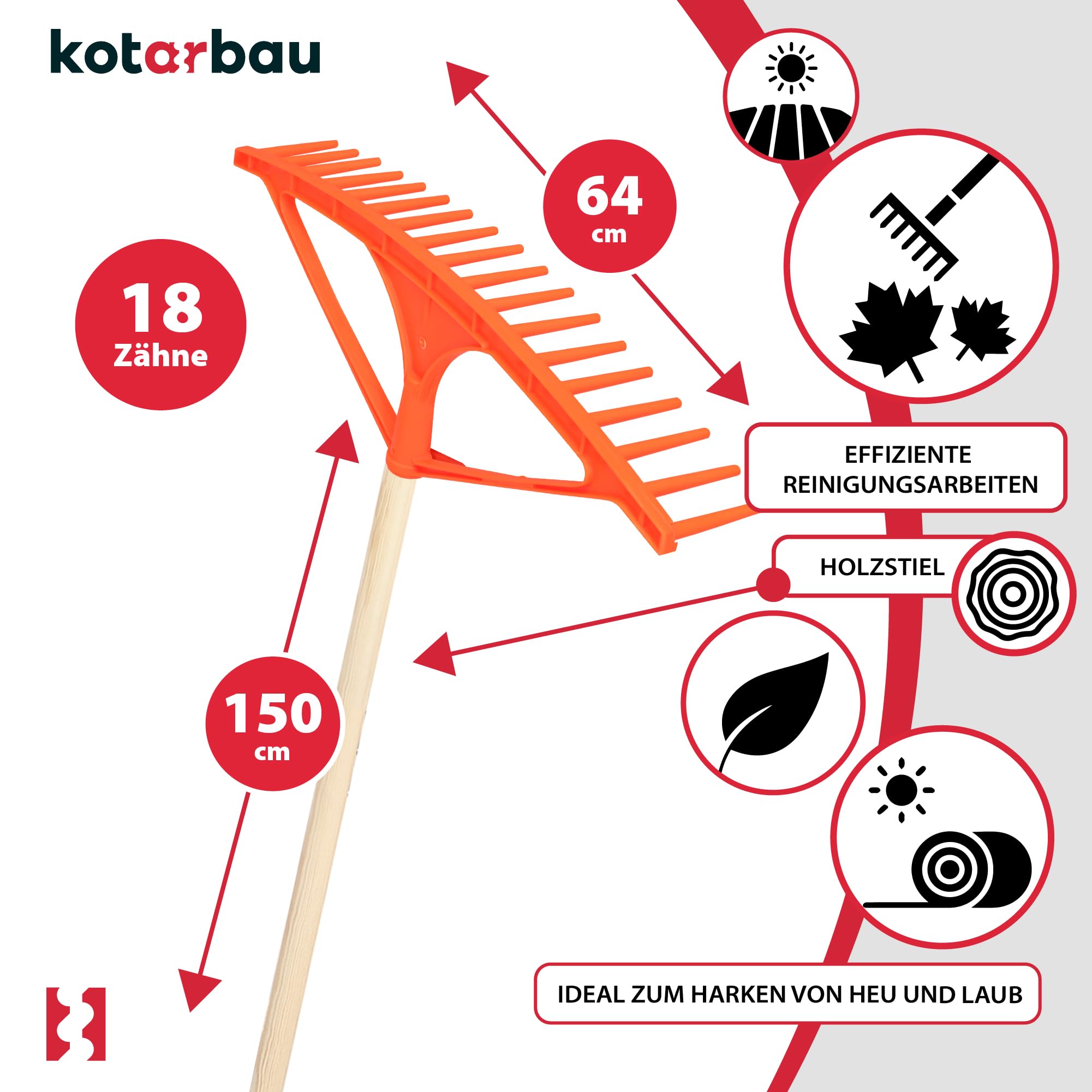 KOTARBAU® Rateau Jardin - Rateau à Feuilles - Plastique - 64 cm - Orange - 18 Dents - avec Manche - Outil Jardinage Léger - Ramasse Herbe - Gazon - Branches Déchets