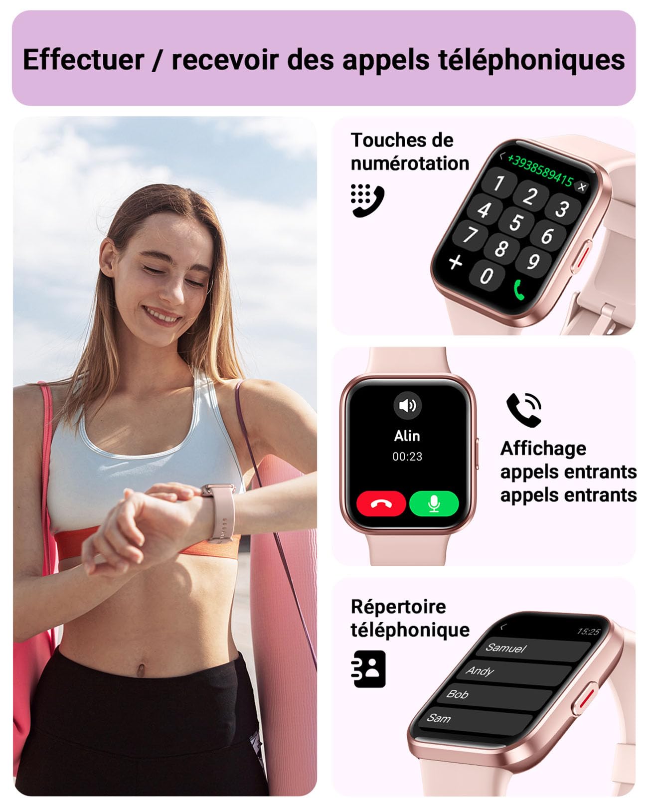 Montre Connectée Femme, 1,85" Homme Smartwatch pour Samsung iPhone Android, Alexa intégrée 3ATM 100+ Modes Sportifs Moniteur de SpO2/Sommeil/Fréquence Cardiaque/Podometre/Calories Rose