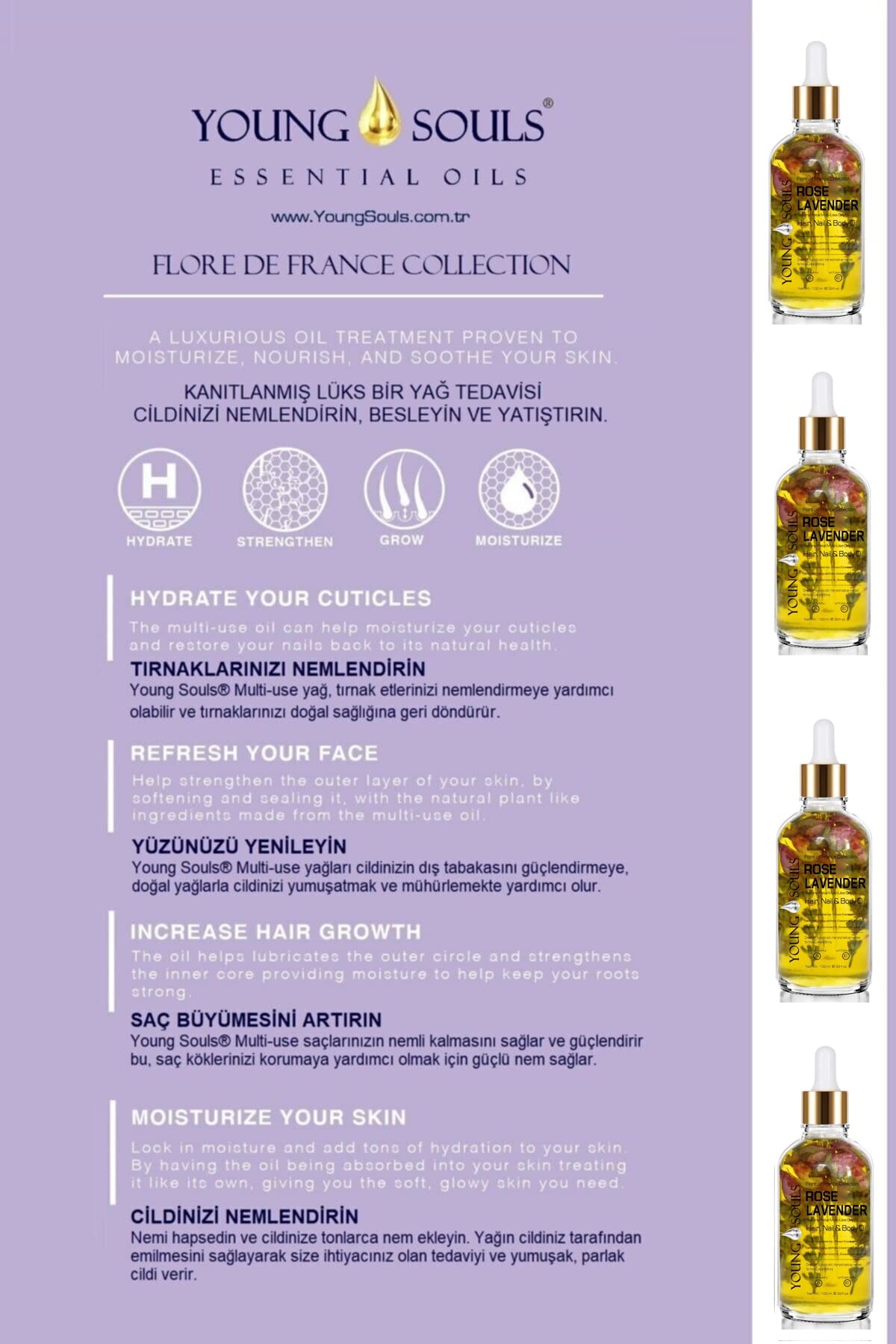Young Souls Aromatherapy Rose Lavender Multi Use Oil Gül Lavanta Yüz Saç Tırnak & Vücut Bakım Kuru Yağ 100 ml