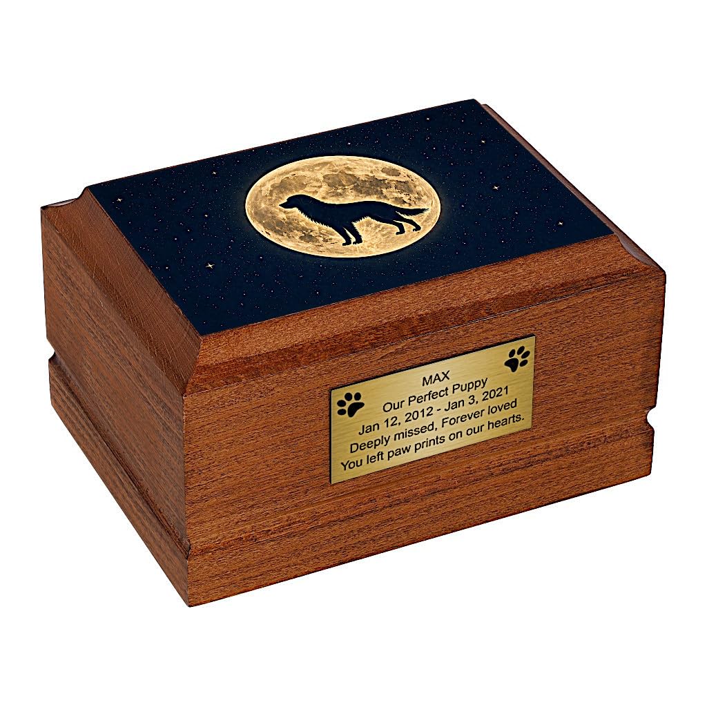 Dog Cremation Urn for Pet Ashes, Wooden Memorial with Moon and Dog Design for Loving Remembrance