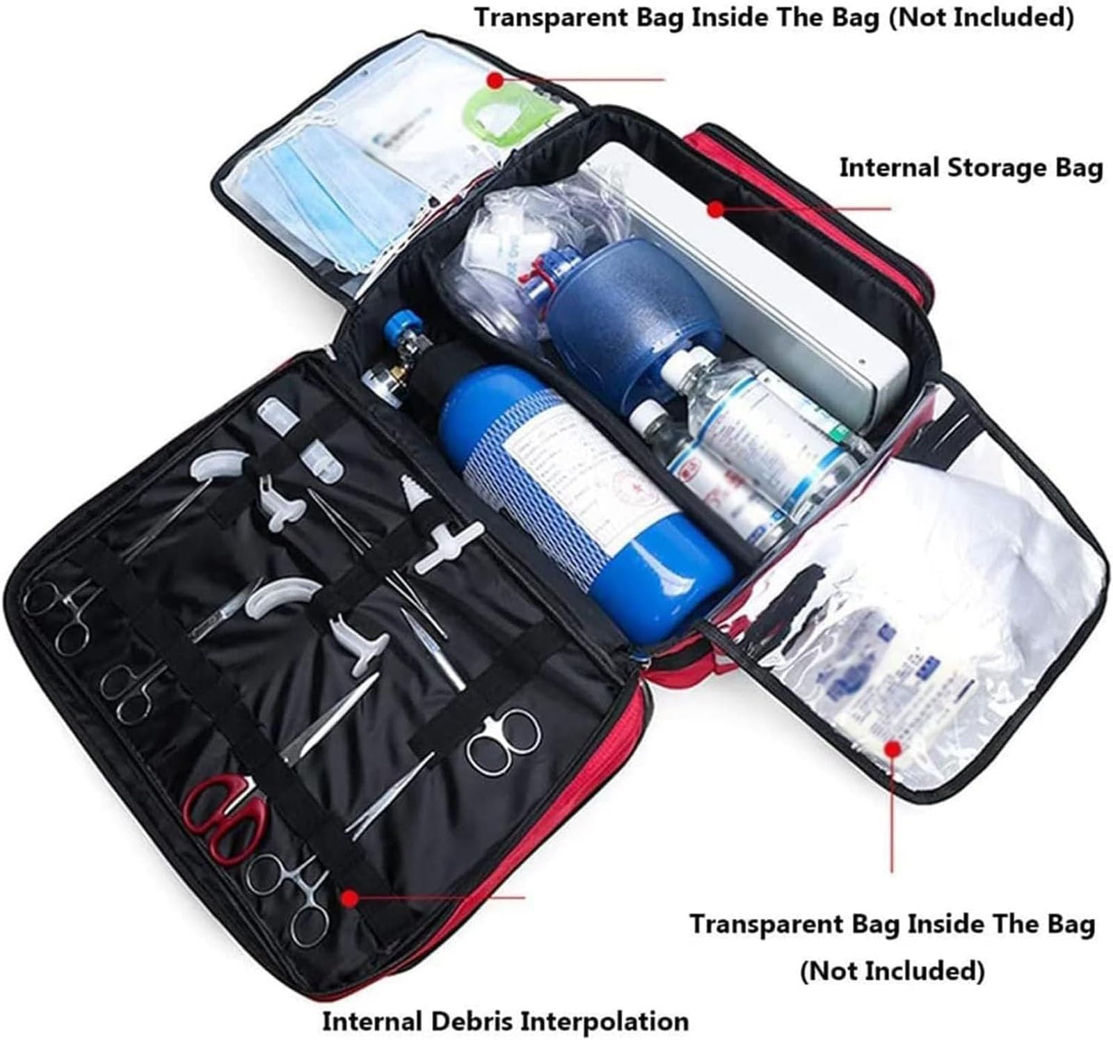 Bolsa de primeros auxilios, bolsa de almacenamiento médico portátil de gran capacidad con carrito para rescate de emergencia al aire libre, diseño impermeable para EMT y paramédicos, Red