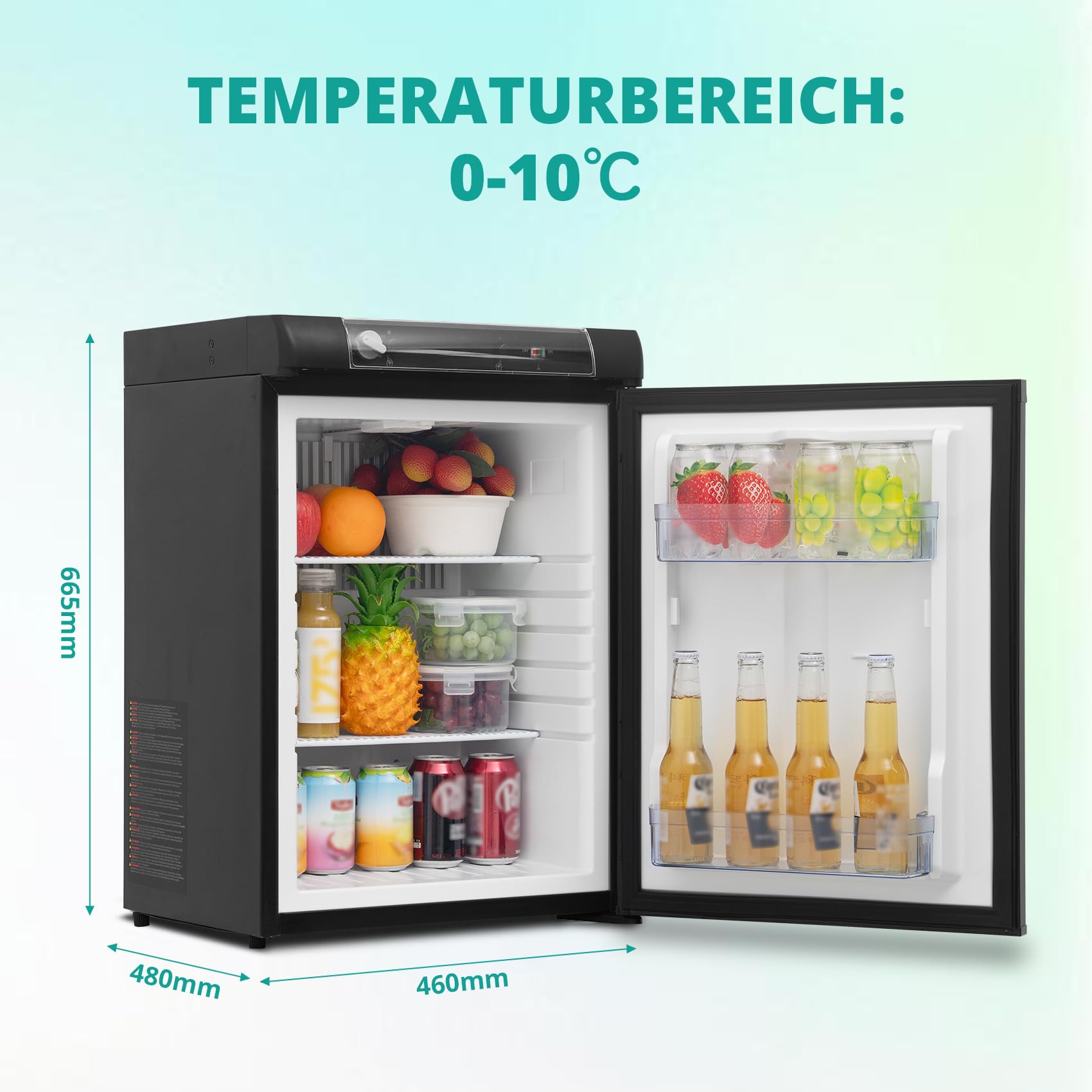 SMETA Gas-Kühlschrank 3-Wege | 60 Liter | Absorptionstechnik | 12V DC / 230V AC /0–10°C | Türanschlag wechselbar | Höhenverstellbare Füße | Ideal für Wohnmobil, Caravan, Camping, LKW – Schwarz