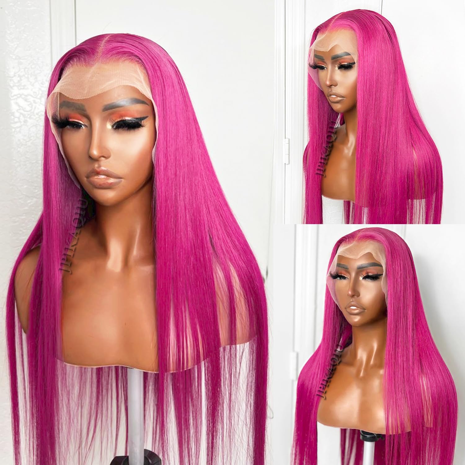 JPIKAQIU Hot Pink Lace Front Wig Long Glueless Lace Wigs for Women 24 Inch Straight Hair 13x4 Rose Red Colored Synthetic Lace Front Wigs Pre Plucked