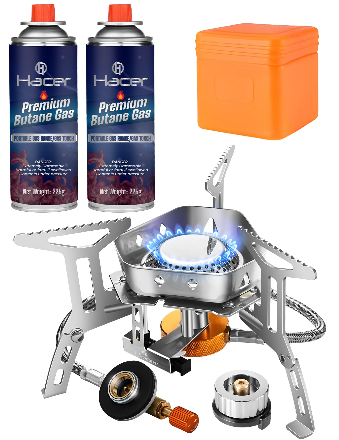 Hacer Portable Camping Gas Stove with Piezo Ignition & Storage Box with Butane Gas Stainless Steel Folding Burner for BBQ Hiking Trekking Traveling and Emergency Use (1 Stove + 2 Butane)
