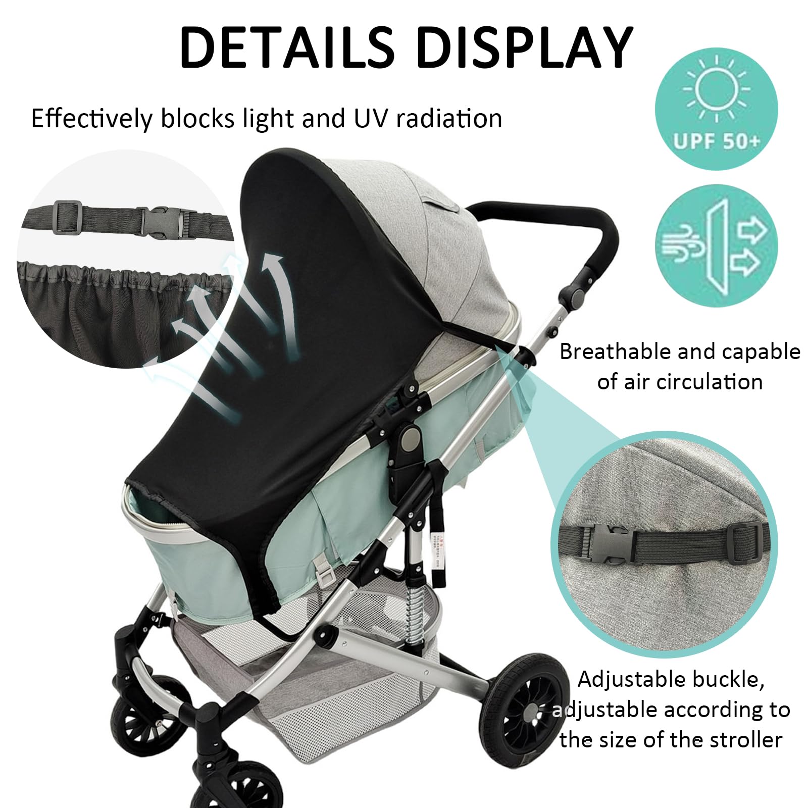 Extra Pram and Stroller Sun Shade Cover Block, Sunshade for Pram Seat Baby Sleep Aid and Breathable Blackout Canopy for Stroller, Pushchair and Buggy (Black) - 4