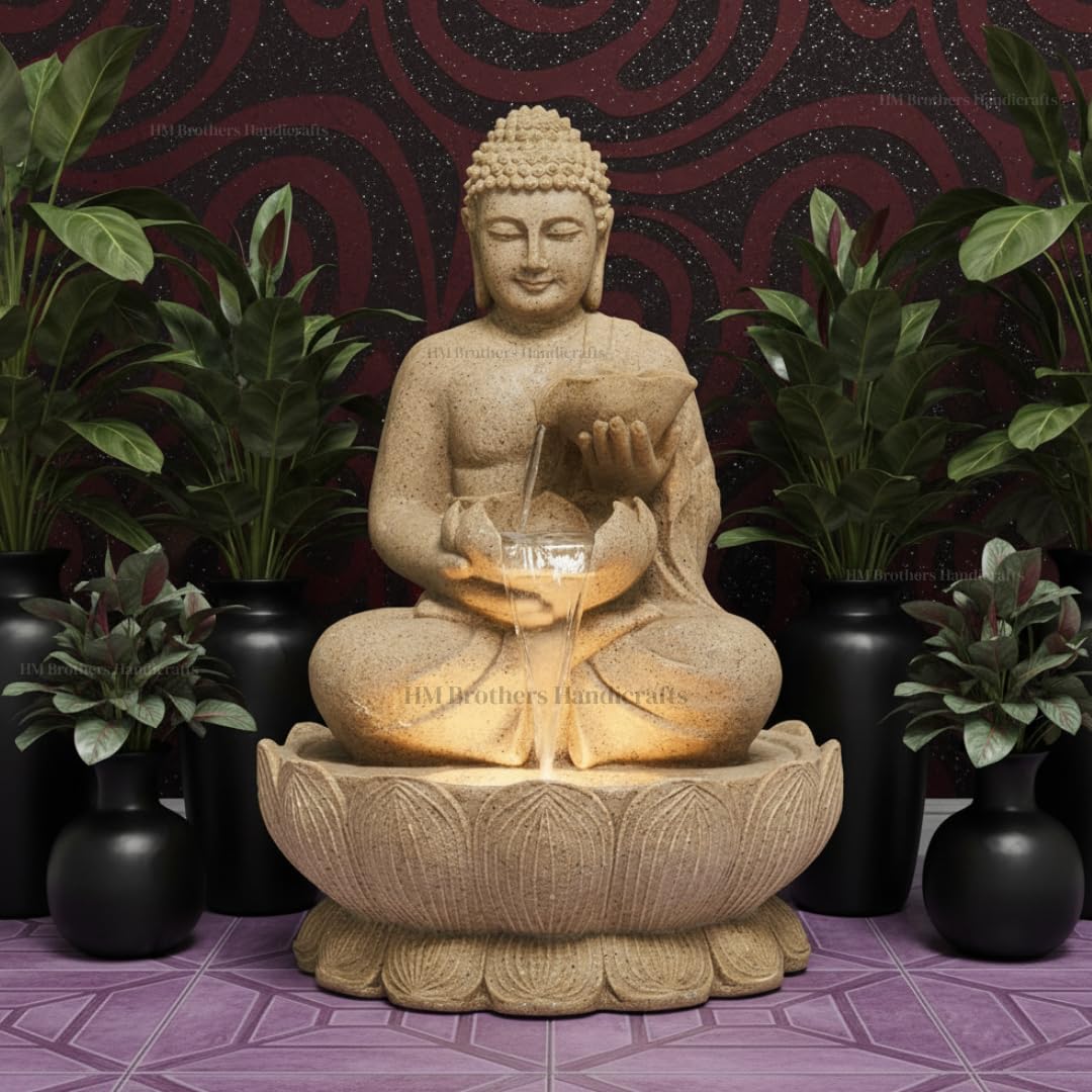 HM Brothers Free 25cm Buddha Statue with Big 3FT Double Bowl Buddha Water Fountain | Large Size Indoor Outdoor Garden Living Room Fountain, LED Light, Home Decor, Office, Gift (Beige)-image-22