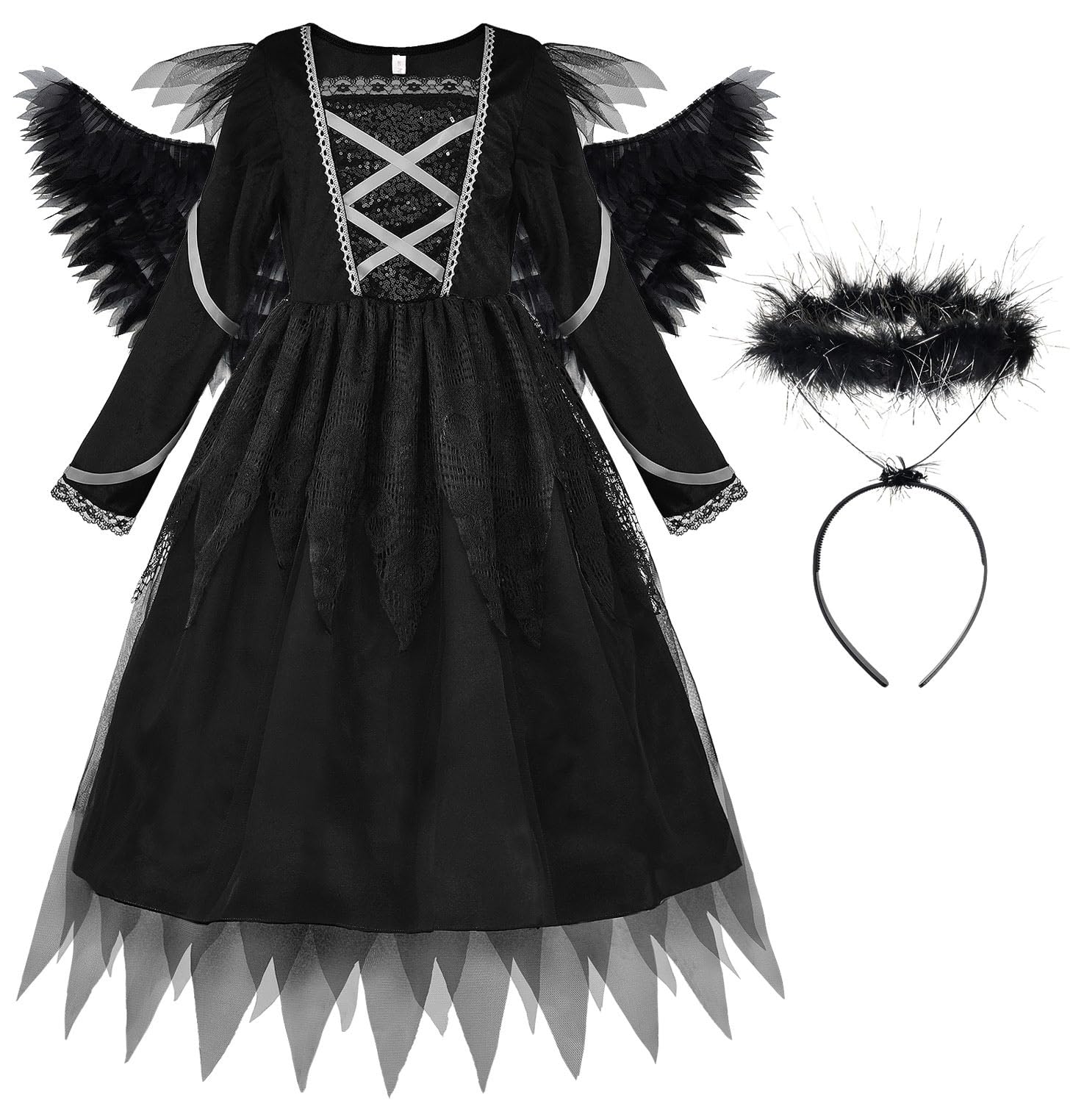 ReliBeauty Fallen Angel Costume Black Dress for Girl with Halo and Wings