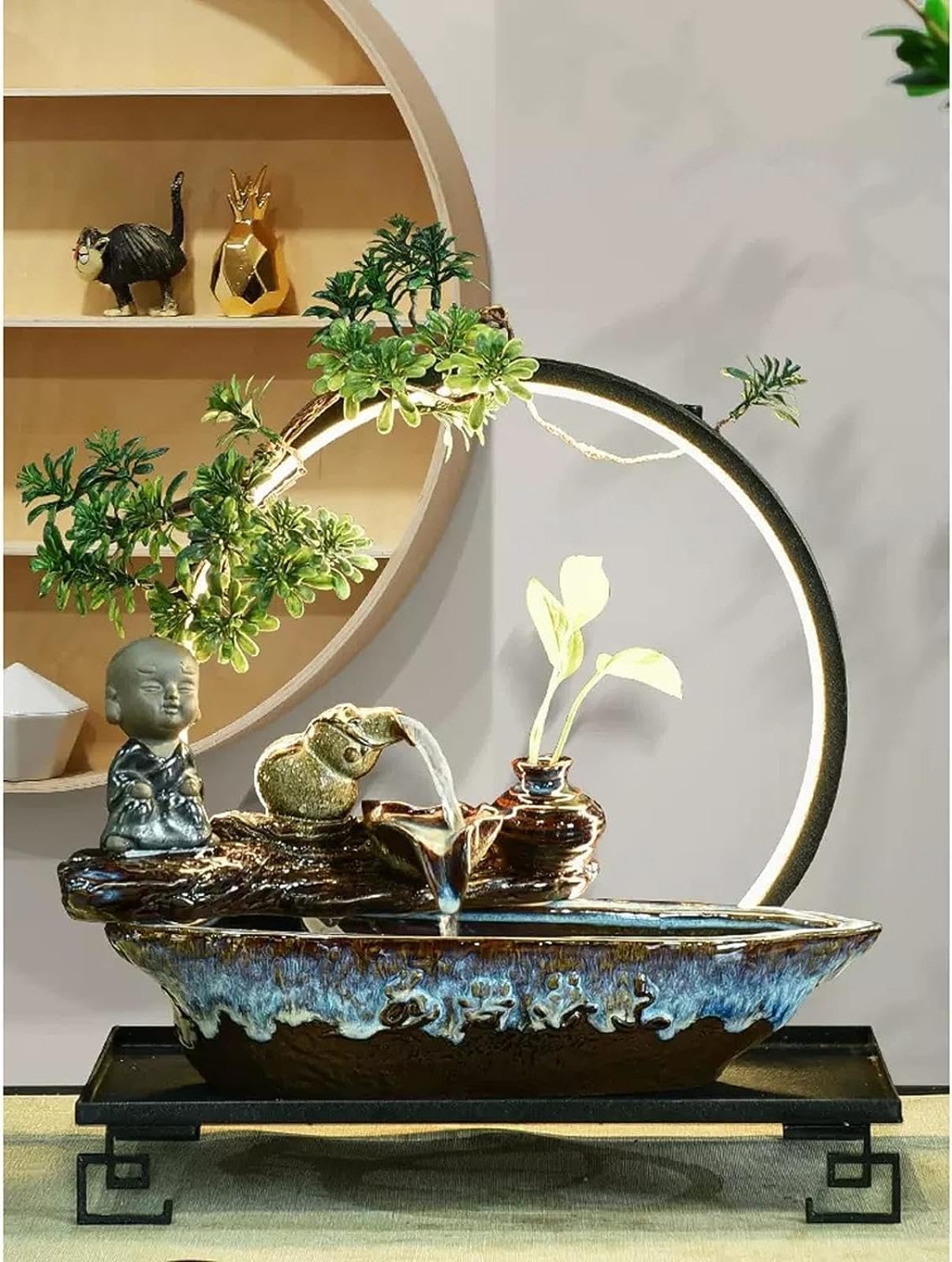 Tischbrunnen für drinnen, Wasserfall mit runder LED-Beleuchtung – Zen-Meditationsbrunnen mit Buddha-Motiv und künstlichen Pflanzen, Feng-Shui-Dekor für Glück und Wohlstand