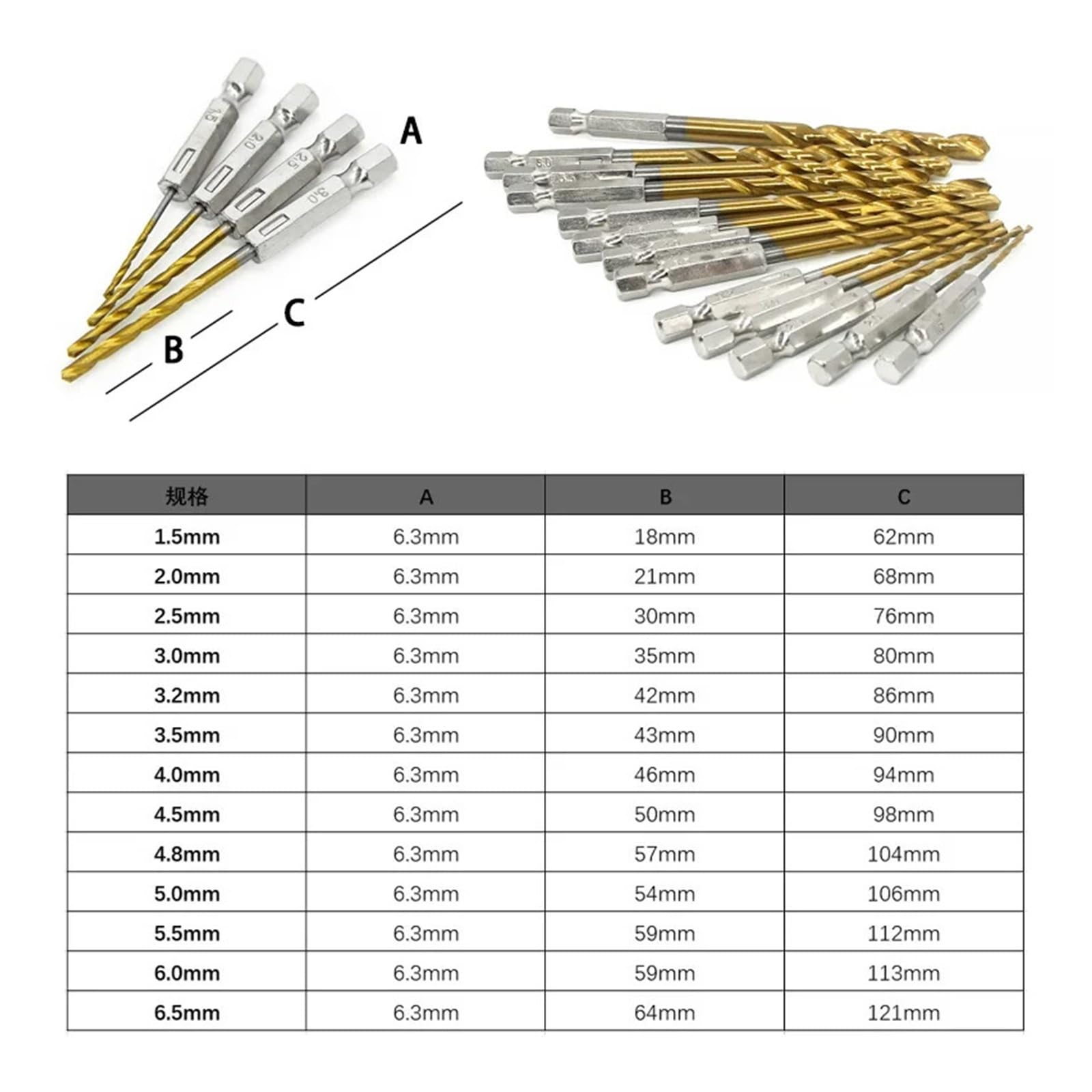 Wiertła kręte, wiertła do metalu, drewna pokryte tytanem HSS 1/4 chwyt sześciokątny rozmiary 1,5-6,5 mm(13pcs 1.5 6.5mm)