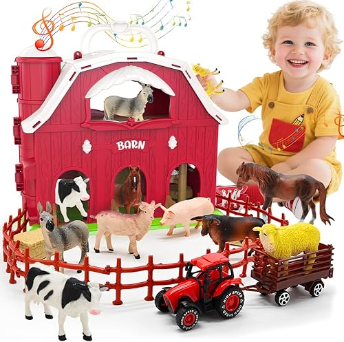 Big Red Barn Toys para niños pequeños de 1 a 3 años, figuras de animales de granja con tractor para niños de 2, 3, 4, 5 años, juguetes musicales de