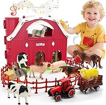 Big Red Barn Toys for Toddlers 1-3, Farm Animal Figures Playset with Tractor for 2 3 4 5 Year Old Kids, Musical Preschool Montessori STEM Learning Toys, Christmas Birthday Easter Gift for Boys Girls