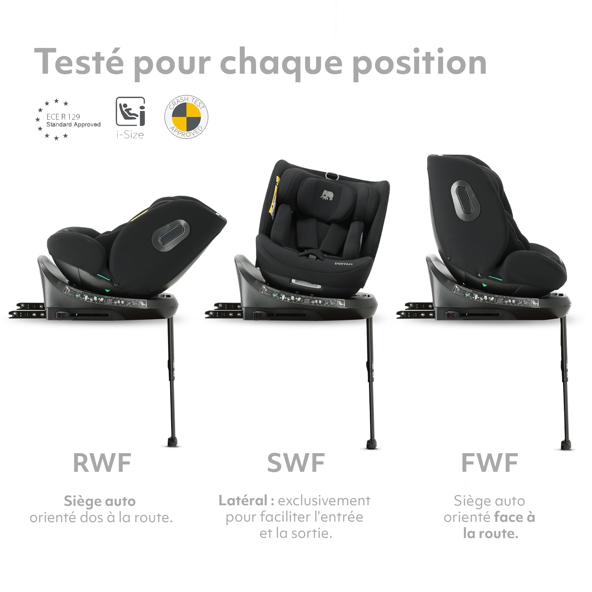 Deryan Carly Siège auto bébé, I-SIZE 40-150 cm, 360 Pivotant Isofix pour Groupe 0/1/2/3, Bébé de 0-12 ans, 0 à 36 kg Environ, ECE R129, 12 Positions d'Appui-tête, RWF, FWF Inclinaison (Noir)