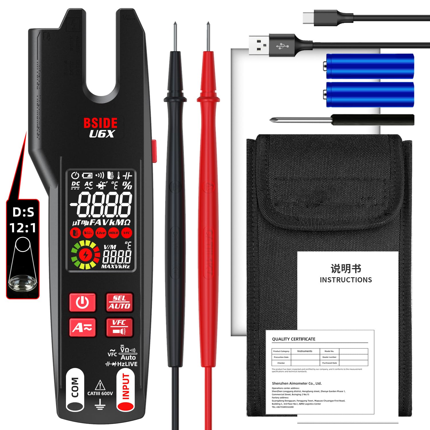 BSIDE U6X probador eléctrico pinza amperimétrica abierta AC DC 600A con termómetro IR mejorado 12:1 LCD color 9999 cuentas VFC multímetro digital inteligente TRMS con batería recargable