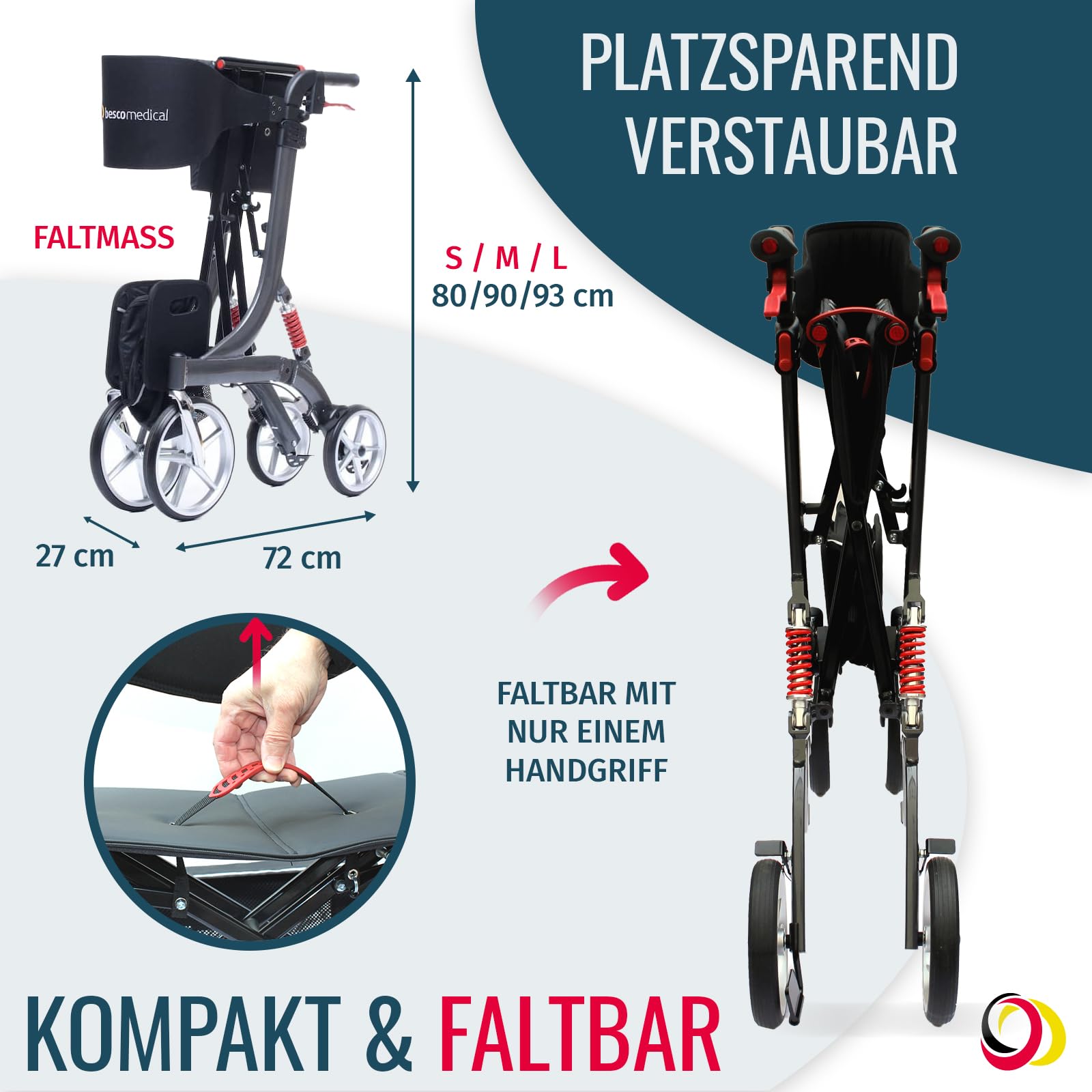 Leichtgewicht-Rollator SPRING - Komfort-Federung - Modell S Bordeauxrot | höhenverstellbar & faltbar - Gehhilfe inkl. Netztasche & breitem Rückengurt - bequeme Sitzfläche - zusammenklappbar