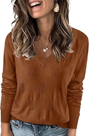 WIHOLL Sweaters for Women V Neck Long Sleeve Tops Fashion Lightweight Pullover Clothes Fall Outfits 2025