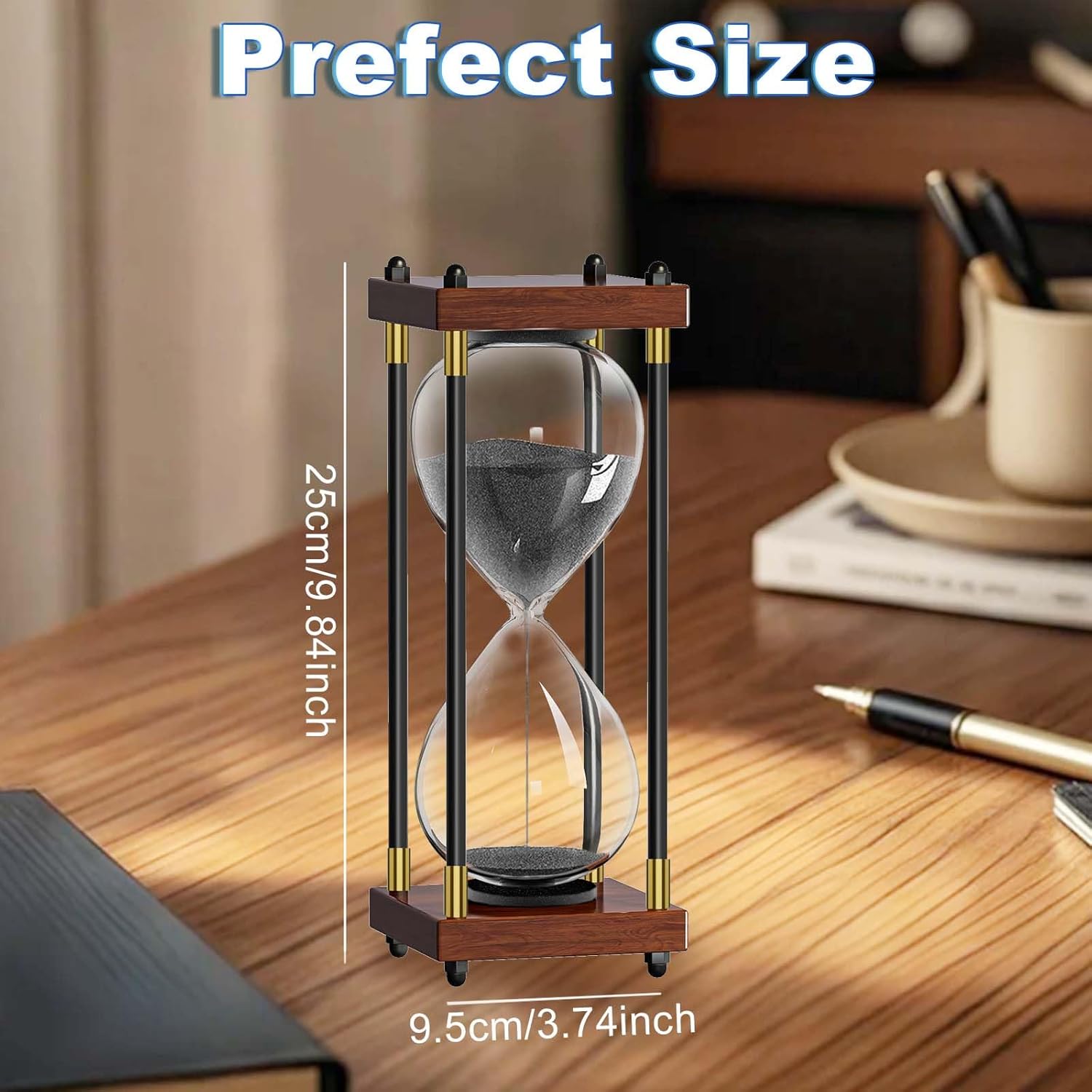 60 Minutes Hourglasses: Large 10 Inch Wooden Sand Timer Clock, Reloj De Arena 1 Hora, Antique Sand Watch 60 Min, 1 Hour Sandglass for Home Office Desk Decorative (Black Sand)
