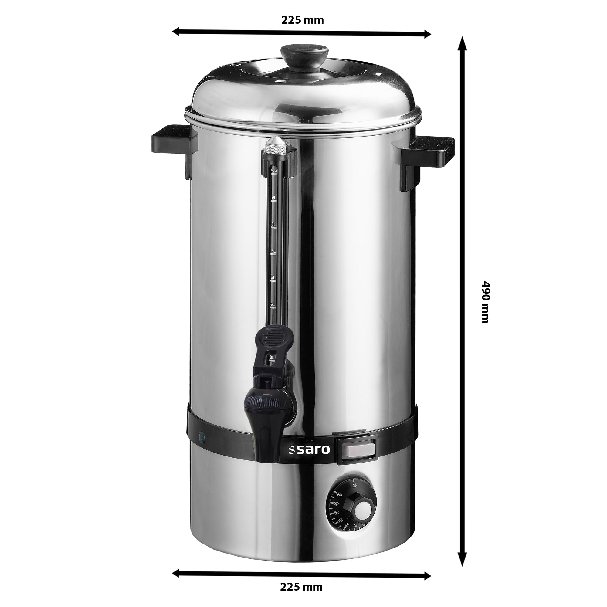 SARO HOT DRINK MINI Hervidor de vino caliente y dispensador de agua caliente, 10 l, acero inoxidable, temperatura 30-110 °C, luces de control, protector térmico