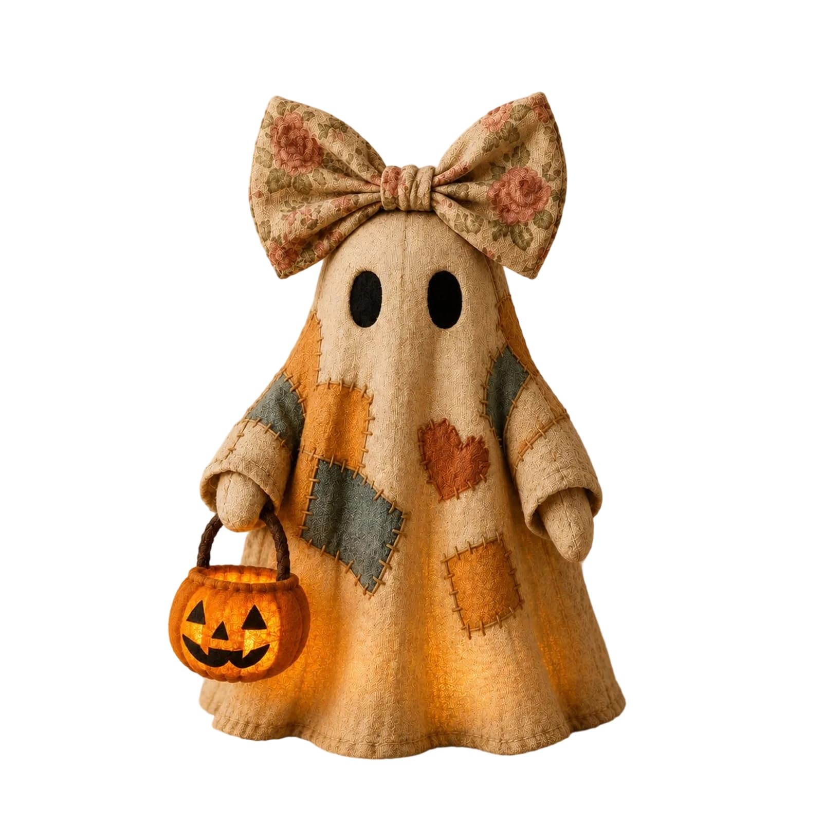 Pasisuu Farmhouse Halloween Decor – Vintage Patchwork Ghost LED Light, Soft Glow Rustic Fall Ornament for Mantel Shelf Tiered Tray B