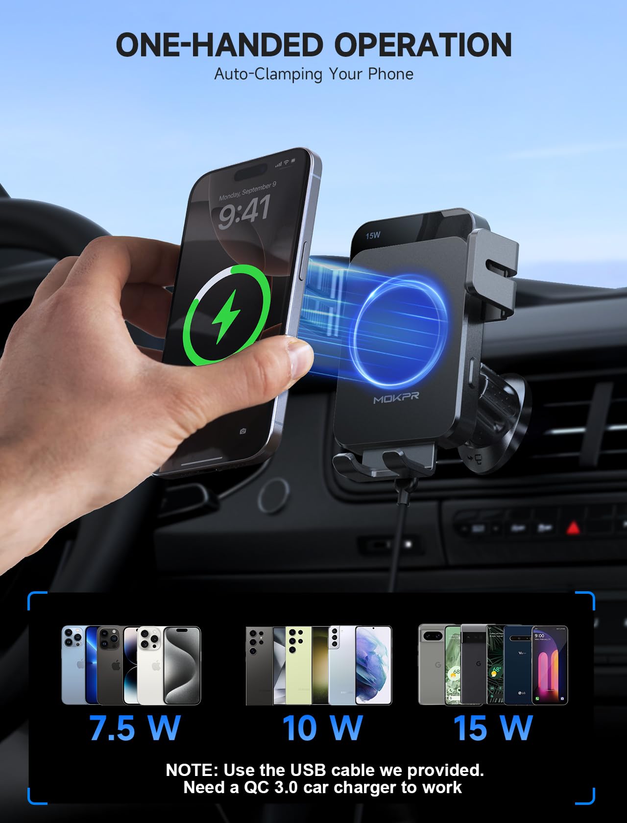 MOKPR Handyhalterung Auto mit Ladefunktion, 15W Handyhalterung Auto Induktives Laden für Entlüftungsclips/Instrumententafel/Windschutzscheibe für iPhone 17/16/15/14/13/12, Galaxy S25/S24/S23(Schwarz)