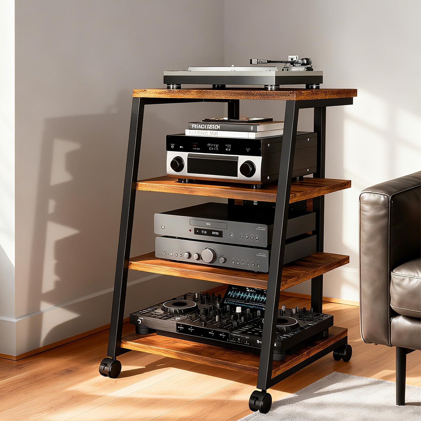 Wudlep Brown Black Hifi Stand, 4-Tier Av Media Stand With Power Strip And Wheels