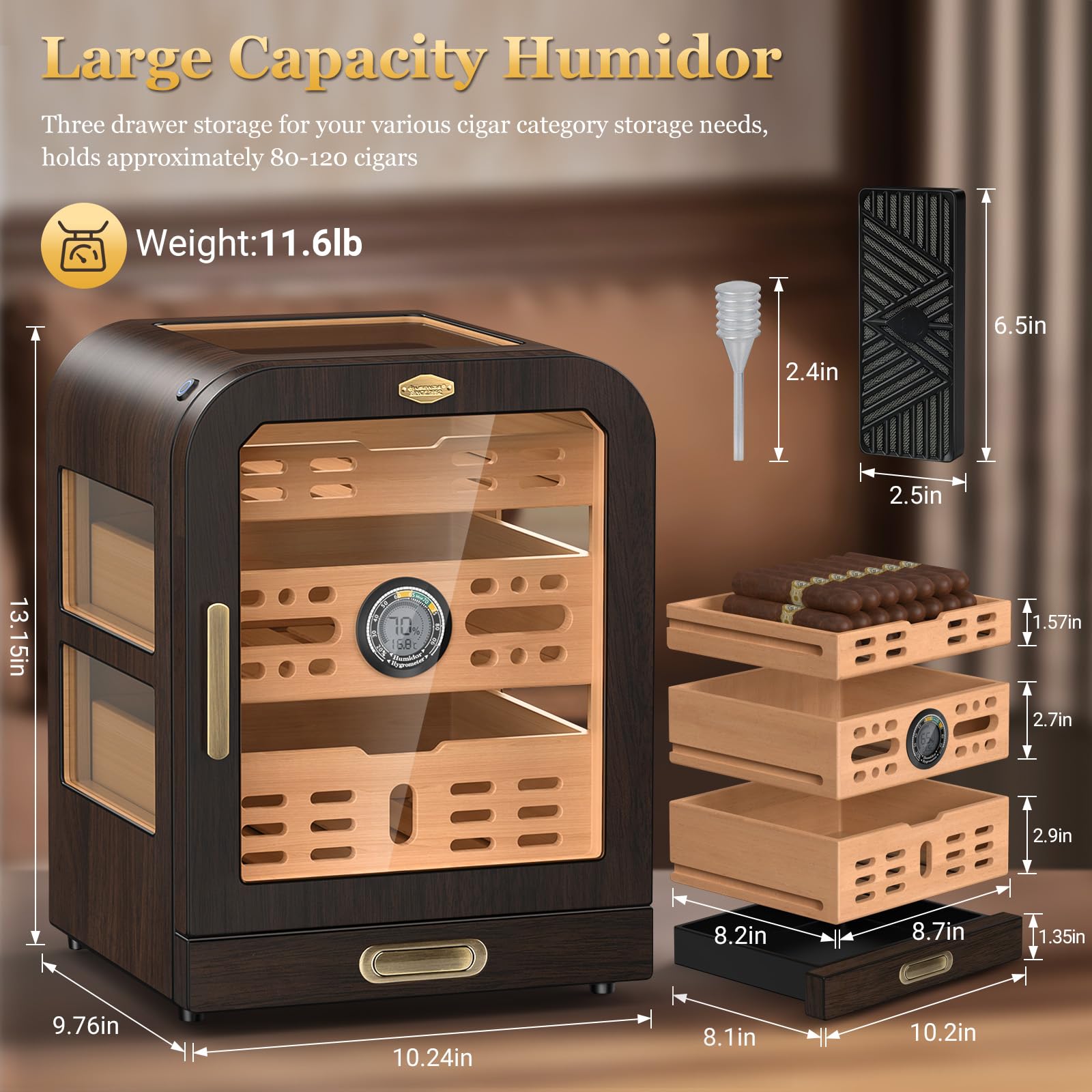 Zigarren-Humidor, 3 Seitenfenster, Humidor Zigarrenbox, Zedernholzschublade Zigarrenschrank, mit LED-Beleuchtungssystem, digitalem Thermometer und 2 Zigarren-Luftbefeuchtern