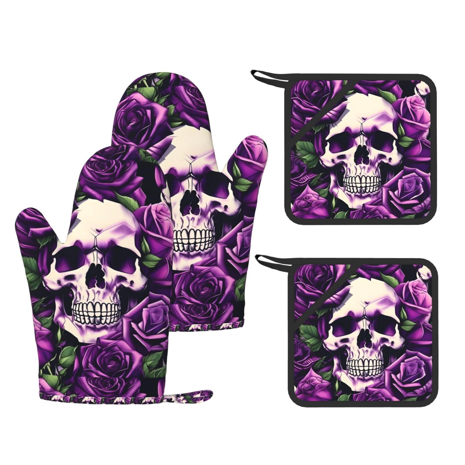 Many Purple Rose Skull Print Kitchen Heat Resistant Set,Cooking Kit With Hanging Loop For Baking & Bbq
