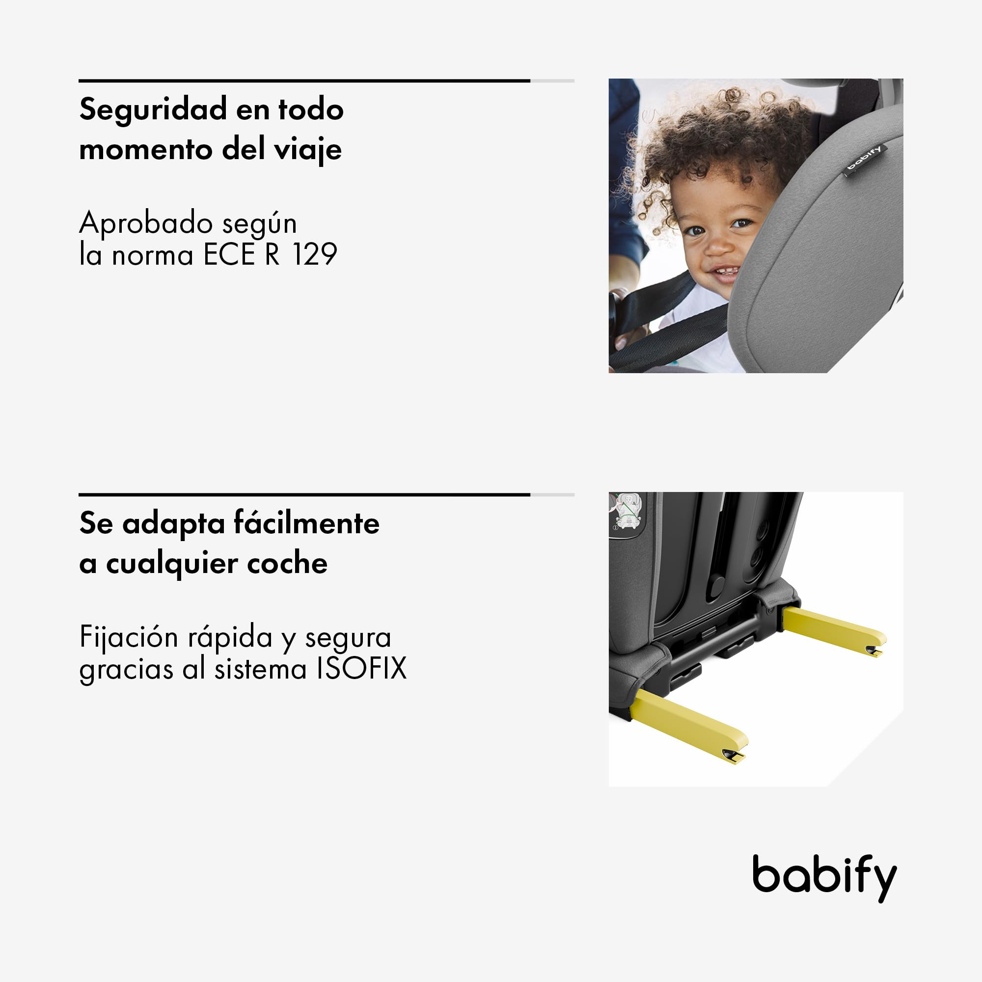 Babify Silla Coche Isofix 15-36 kg - Para Niños 3-12 Años, Reposacabezas Ajustable 12 Posiciones, Portavasos Extraíble, Plegable, Funda Lavable, Cumple R129 UE, Gris