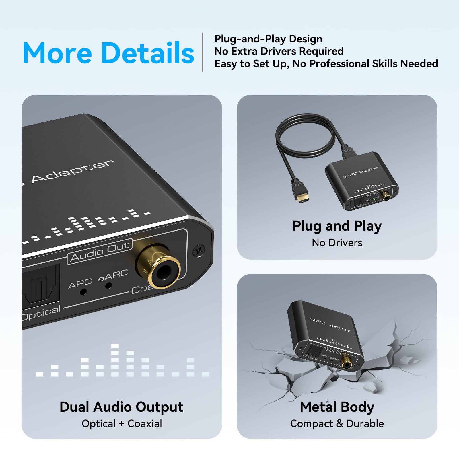 VPFET Adaptador de audio HDMI eARC solo funciona para HDTV ARC/eARC, convertidor extractor de audio, compatible con HDTV audio transmitido a través de Toslink + puertos coaxiales para barras de sonido