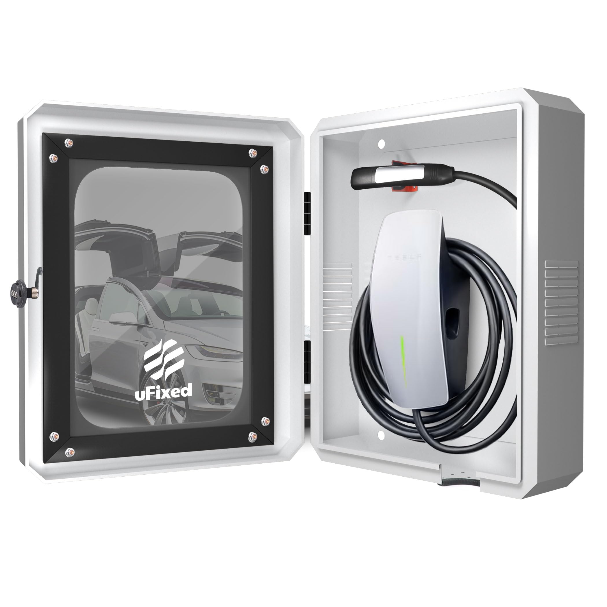 Caja de Protección de Pared para Tesla Wall Connector Gen 3 – Resistente a la Lluvia, con Cerradura, Ventana y Ventilación – Caja Exterior para Cargador de Coche Eléctrico，Blanca