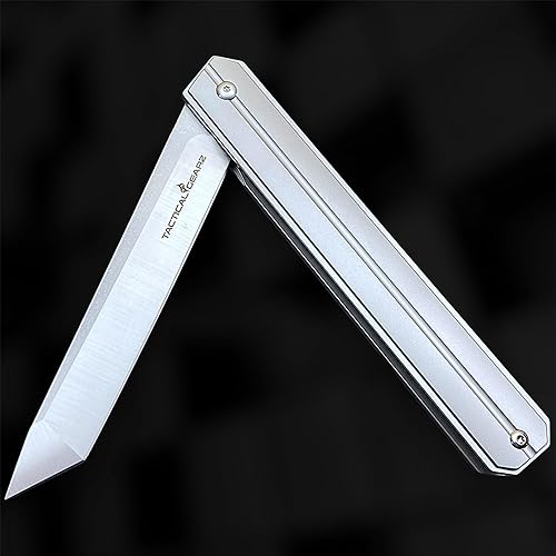 Miniatura 5 de TACTICAL GEARZ Cuchillo de bolsillo EDC de titanio prémium. Mango de titanio sólido Tc4. Hoja Tanto de acero D2! Incluye funda! Seren (platino)