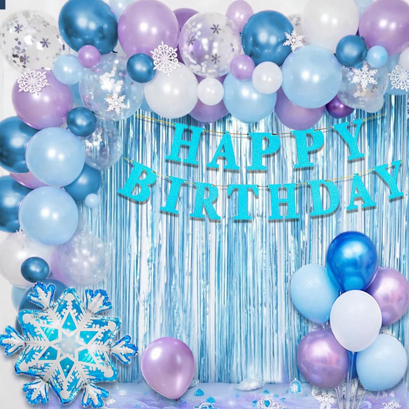 Party Decorations Set, Birthday Party Supplies, Birthday Party Decoration with Snowflakes Confetti Balloons Banner Foil Balloons for Girl