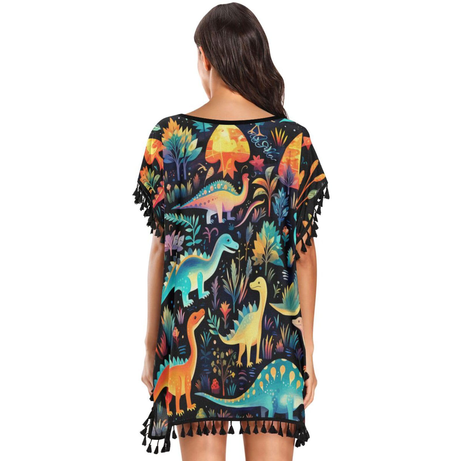 Black Art Colorful Dinosaurs Women's Beach Cover Up Chiffon Tassel Swimwear Swimsuit Coverups for Girl