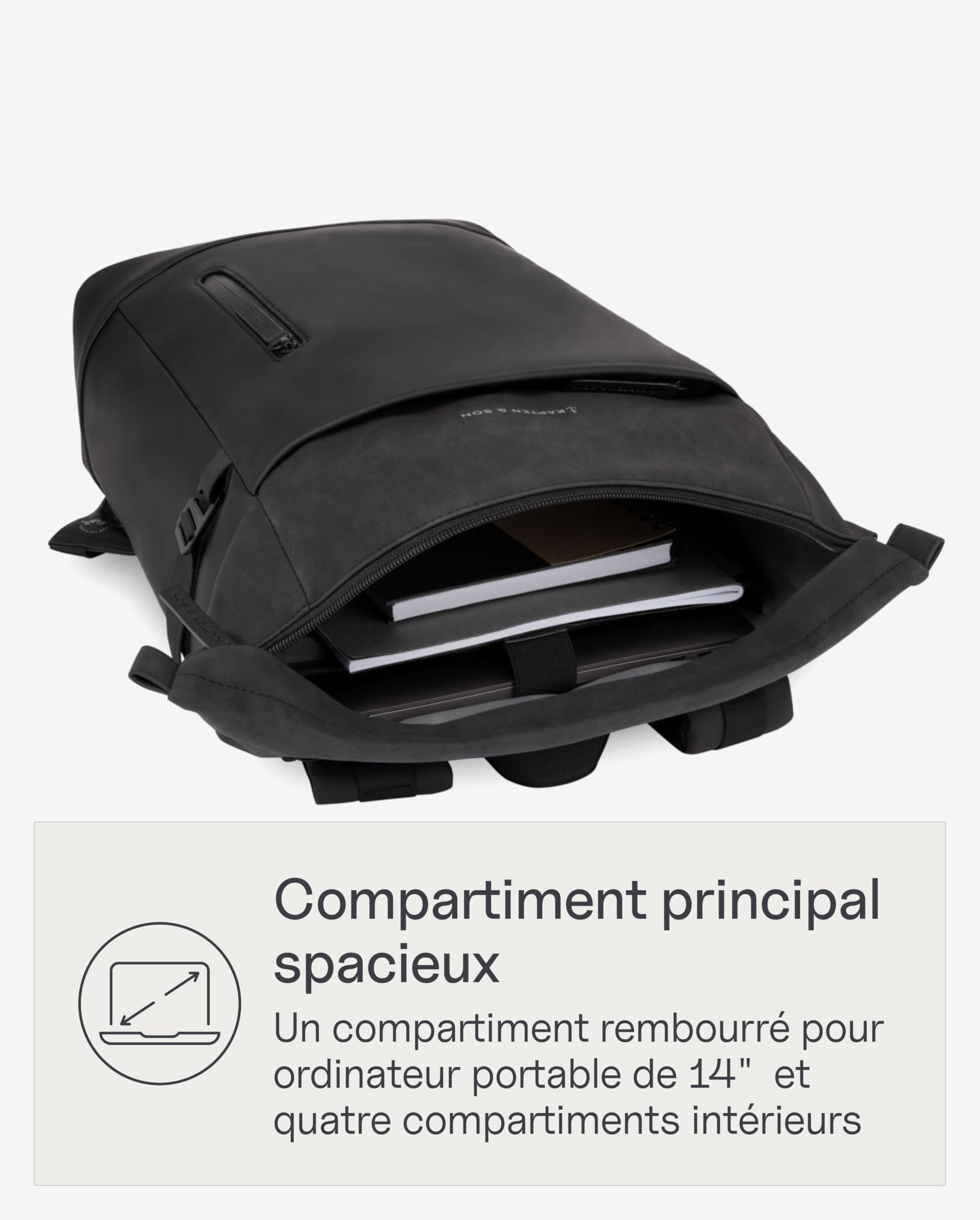 Kapten & Son Aarhus All Black sac a dos 14 L | Sac à dos noir pour homme et femme | Rolltop | compartiment pour ordinateur portable 14" | pour voyager, bagage cabine, travail, université, école