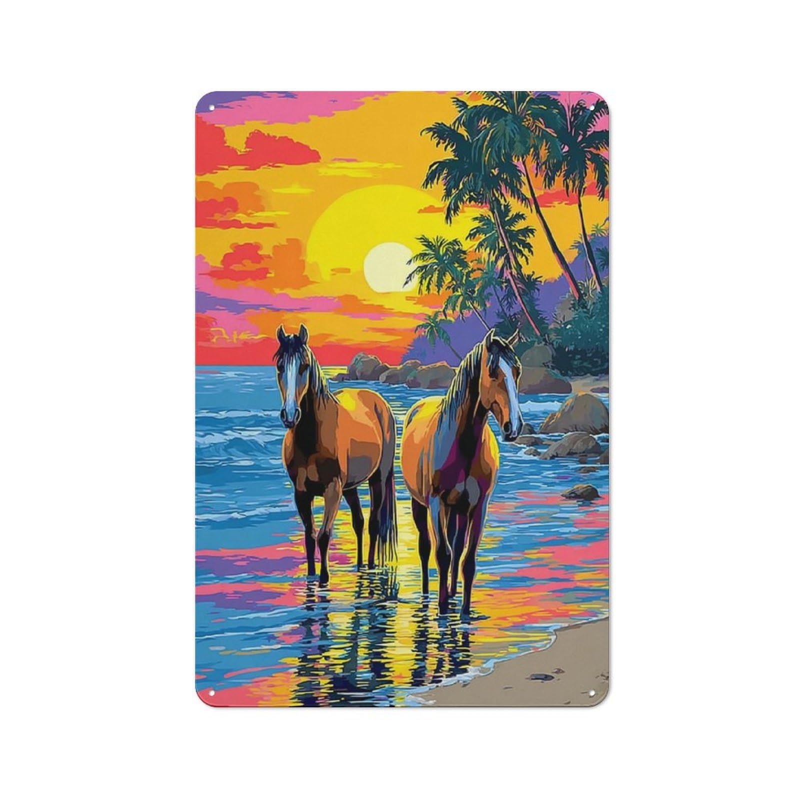 Junmoney Beach Sunset With Horses Rustic Metal Plaque 30X20cm For Hobby Room Or Studio, For Creative Interior Collectors