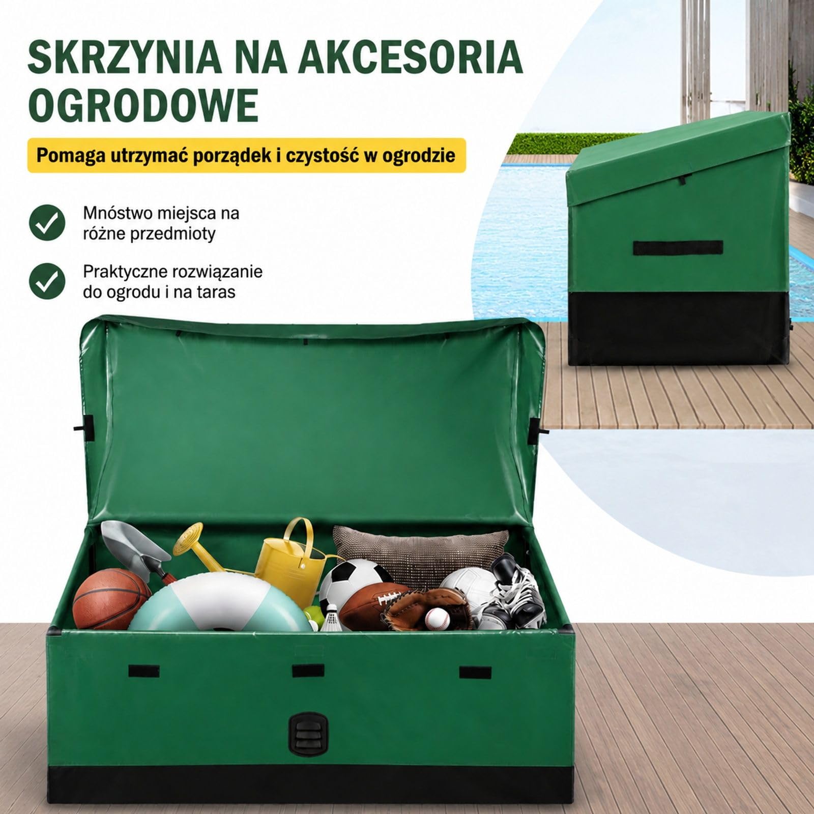 Skrzynia ogrodowa 440 l z plandeki PE na taras, poduszki i narzędzia