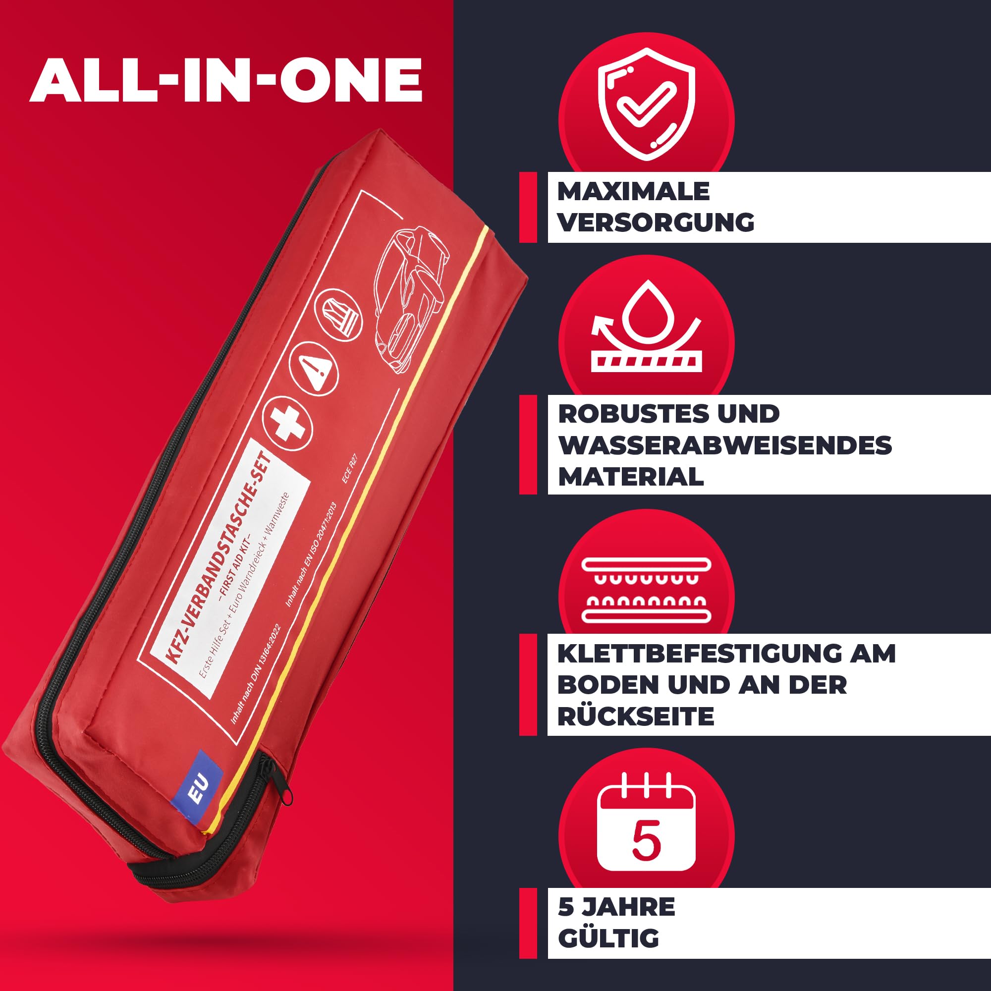 Smart-Planet Trousse de premiers secours pour voiture - 47 pièces - Conforme à la norme allemande StVO - Utilisable dans toute l'Europe - Sac combiné - Triangle de signalisation