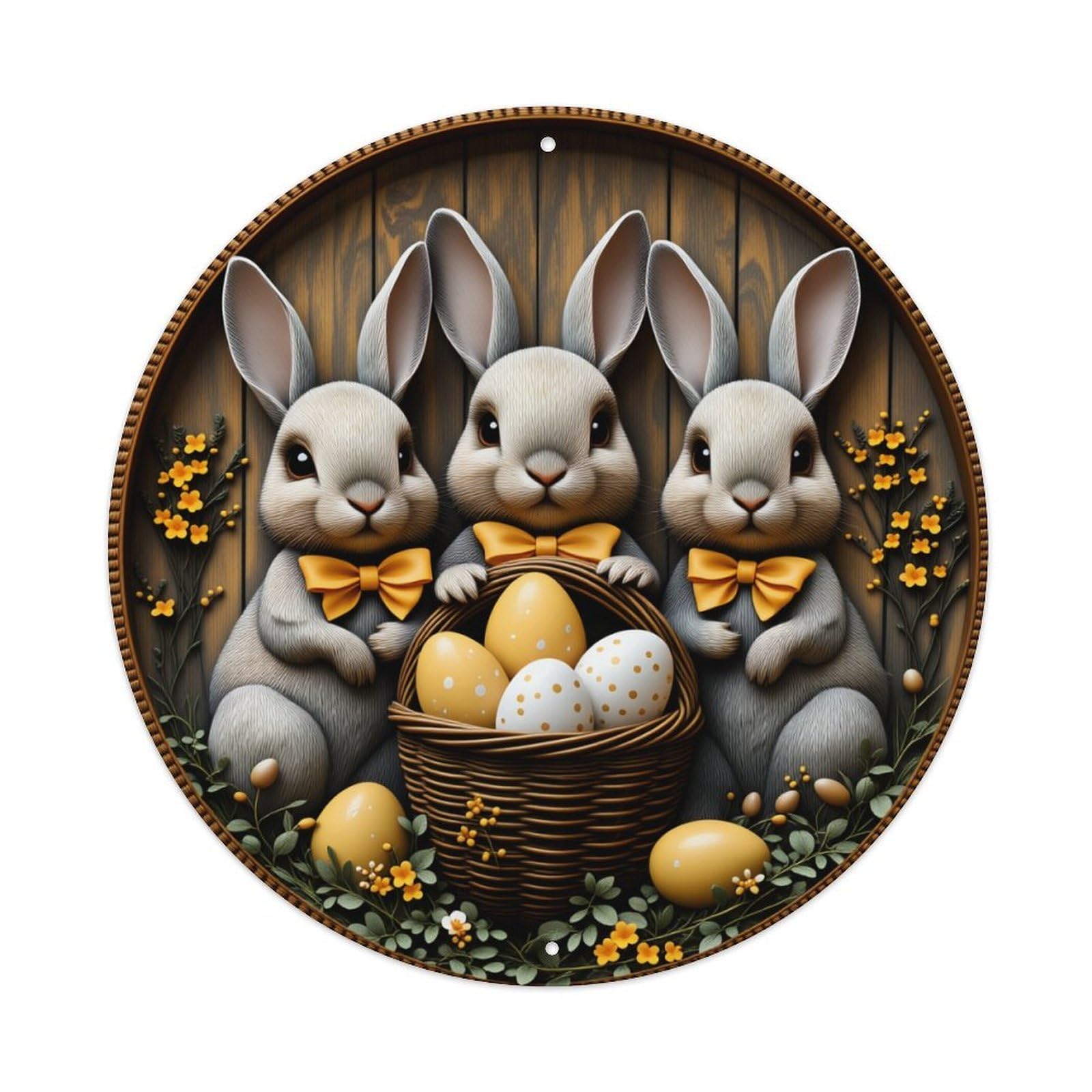 Easter Bunnies Basket Eggs Flowers Round Tin Sign Vintage Metal Poster Retro Bar, Home, Man Cave, Kitchen, Laundry Room Wall Art Decor Gift 8x8Inch