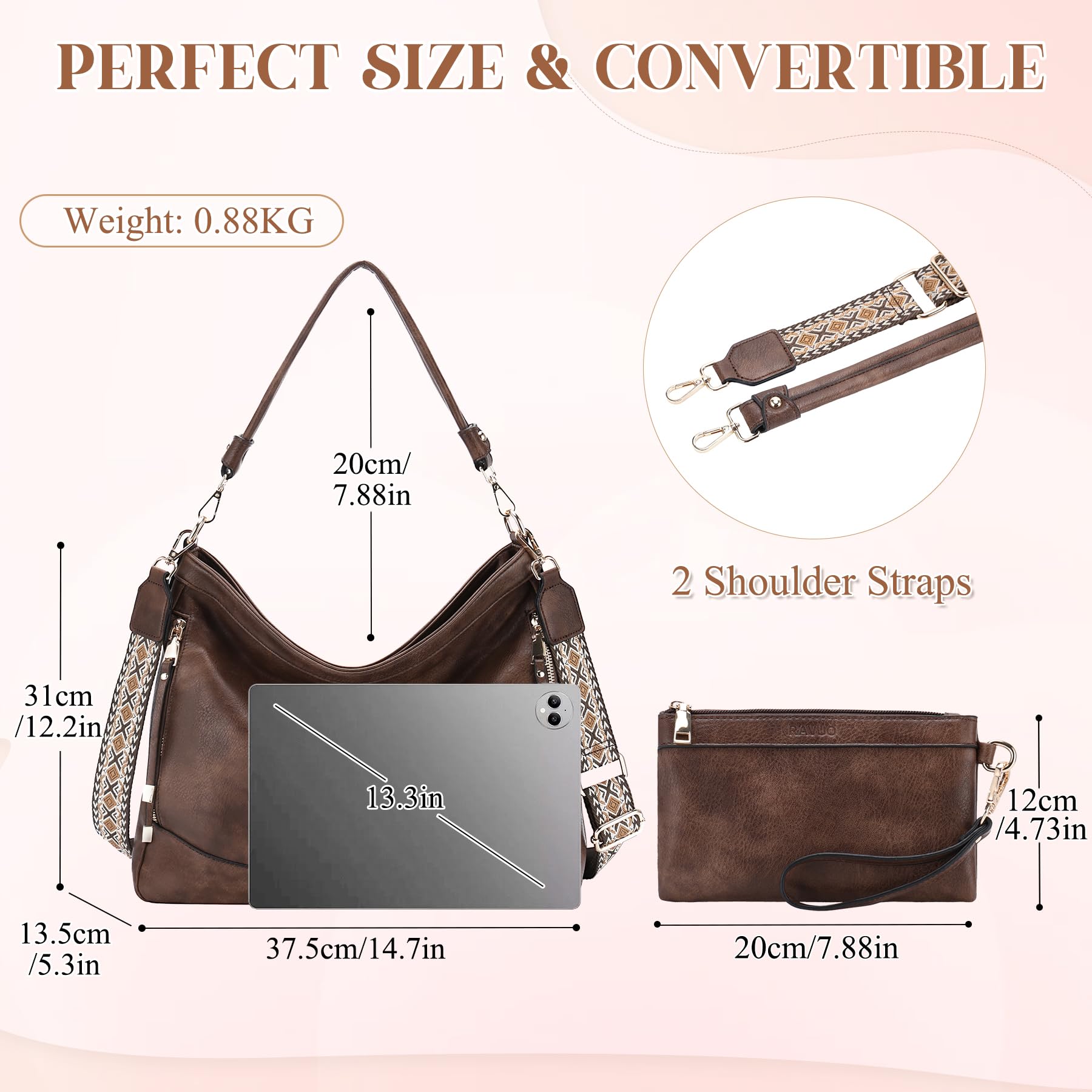 RAVUO Bolso Mujer, Bolso Bandolera Grande de Cuero Pu Elegante Bolso de Mano con 1 Correa Ajustable Casual Bolsa Tote 2pcs