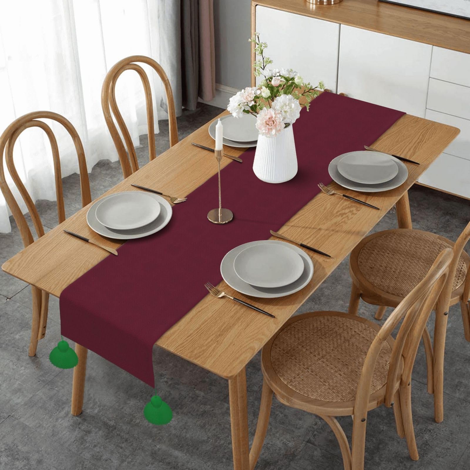 Camino de mesa de lino sintético rojo vino puro, 14 x 60 pulgadas, estilo pastoral retro, imprescindible para mesas de comedor, mesas de café, decoración de mesita de noche