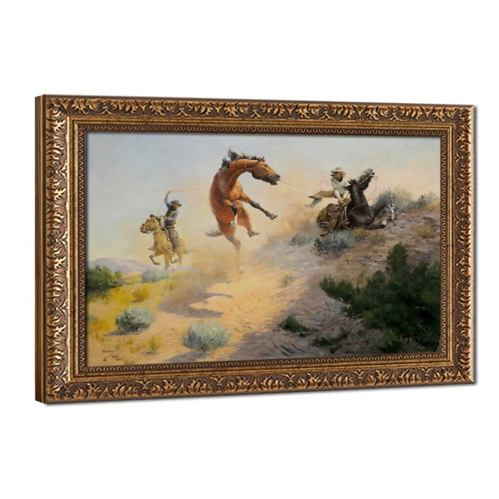 WCYB Jerked Down – Charlie Dye Vintage Cowboy Western – Rodeo Action Scene Posters Prints Canvas Deco Paintings Wall Art Hangable Frame 16" L X 24" W