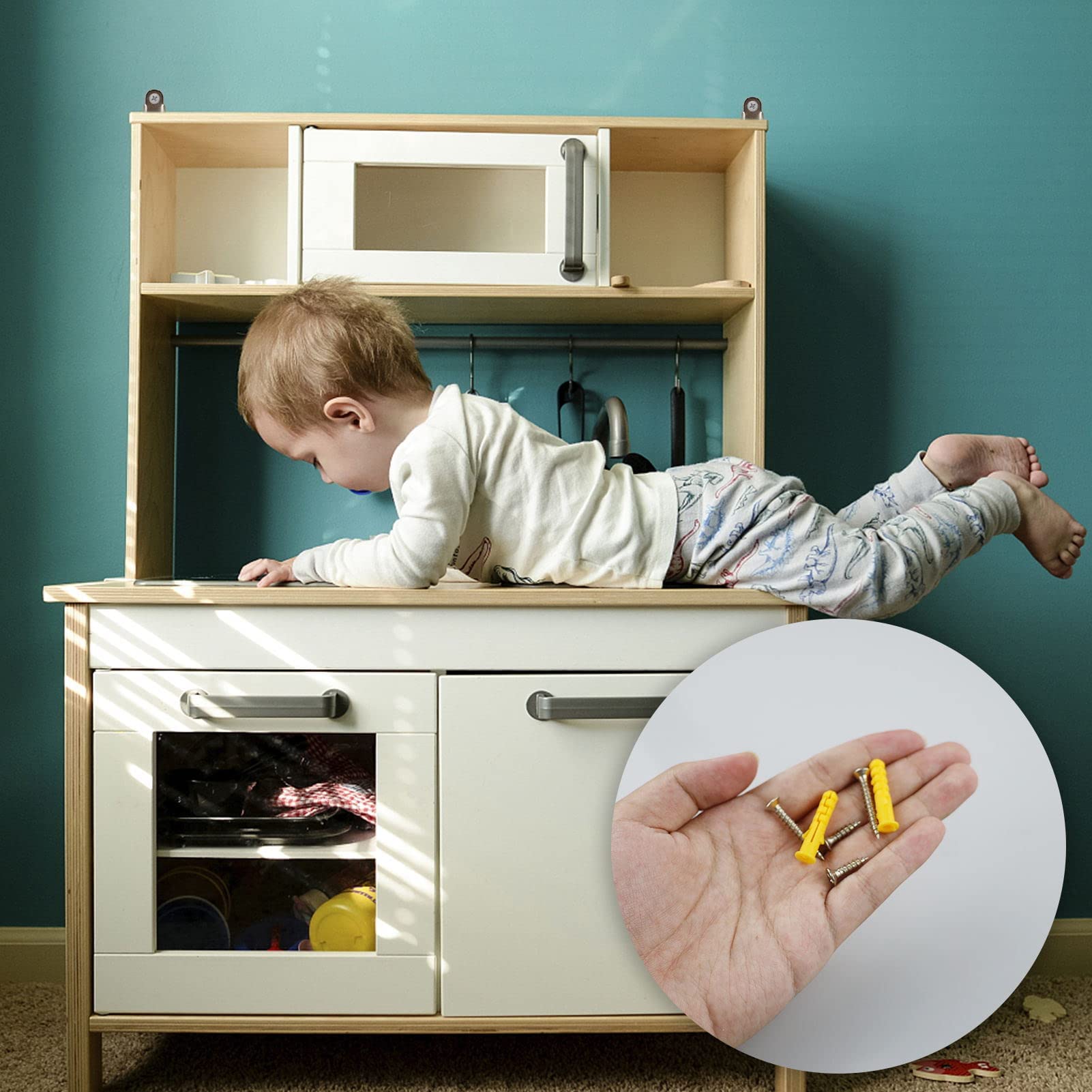 Kit di 4 tasselli adesivi per mobili, senza trapano, cinghie di sicurezza anti-punta per armadi, librerie, armadi e cassettiere, dispositivo a prova di bambino per prevenire la caduta di mobili