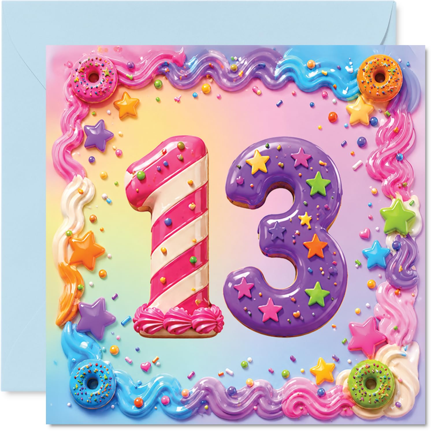 Playful 13th Birthday Card - Fizzing with Birthday Fun - Colourful Number 13 in Sweet Icing, Donuts and Sprinkles - 145mm Square, Envelope Included