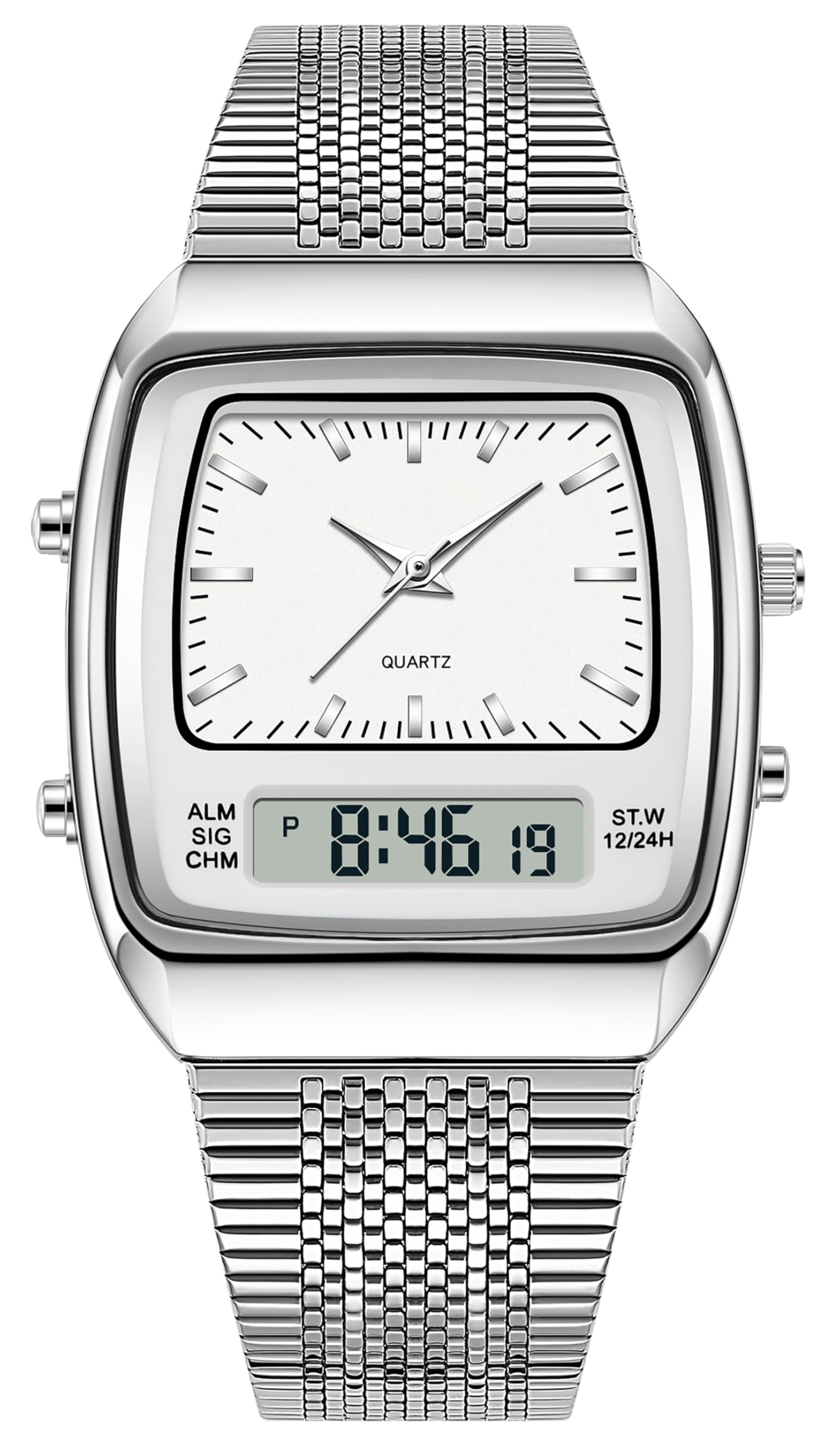 findtime Relojes para hombre y mujer, resistente al agua, analógico, digital, correa única, alarma de negocios, relojes retro, luz de fondo LED, multizona horaria, reloj de pulsera rectangular
