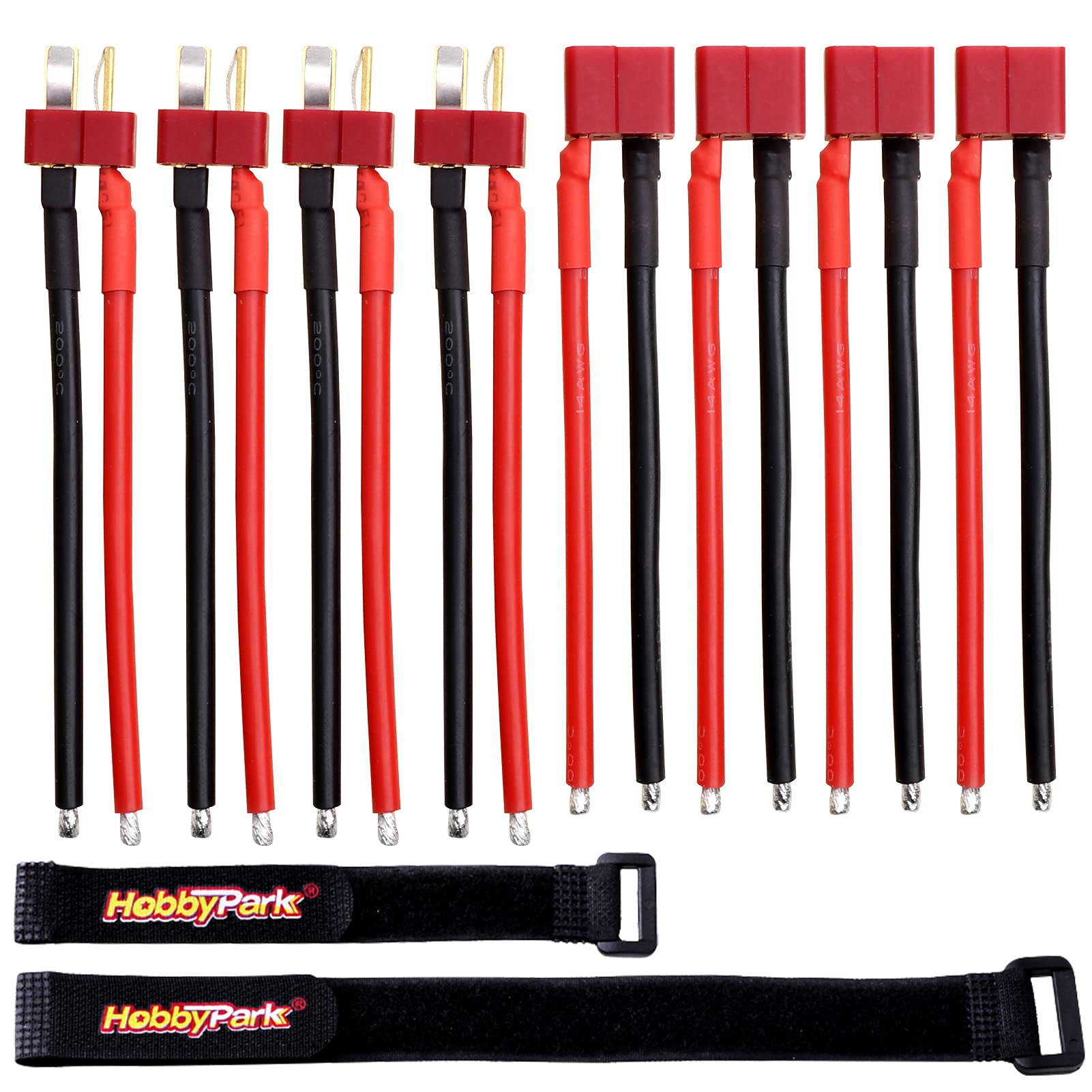 HobbyPark T Plug Connector Female & Male Deans with 14AWG 14 Gauge Silicone w/Battery Straps for RC Lipo Battery Cable Drone Car (4 Pairs)
