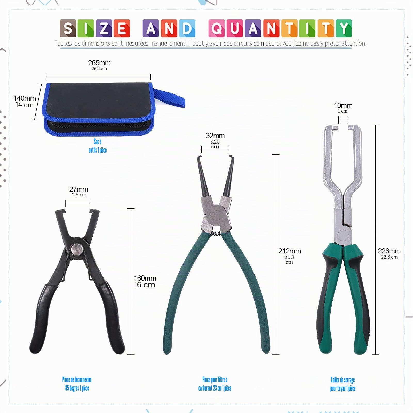 Glarks Lot de 3 pinces de tuyau de carburant de 20,3 cm, clip de serrage et pliants de déconnexion à 80 degrés pour l'entretien de la voiture